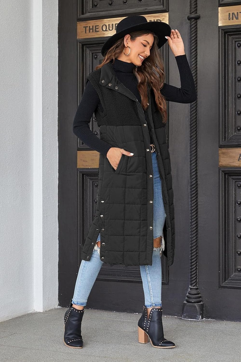 UMEKO Women's Long Puffer Vest Fleece Jacket Winter Button Down Sleeveless Coats - Image 6