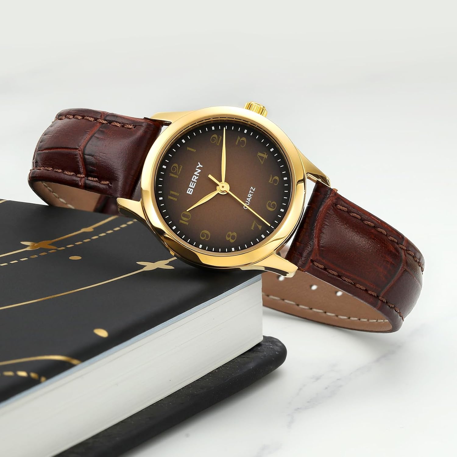 BERNY Dainty Gold Watches for Women Small Women's Leather Wrist Watch Vintage Easy Reader Watch - Image 9