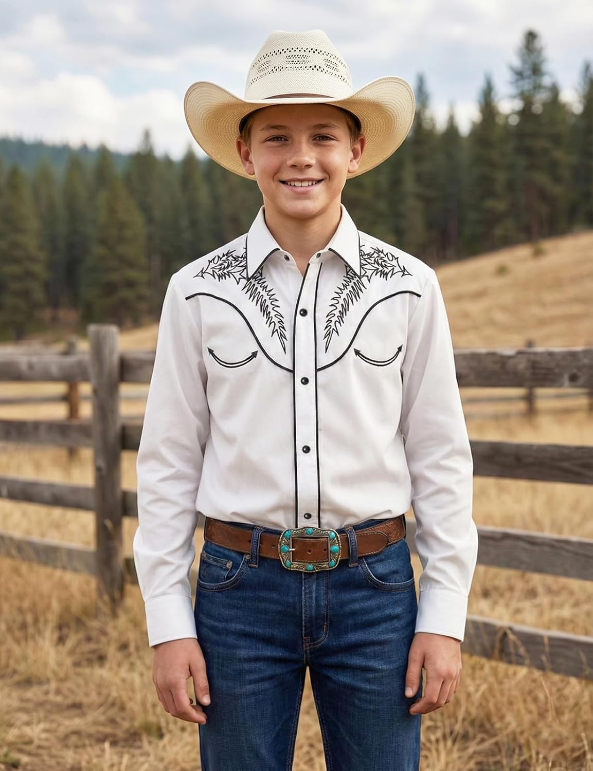 Spring&Gege Boys Western Shirt Embroidered Pearl Snap Button Down Cowboy Long Sleeve Shirts