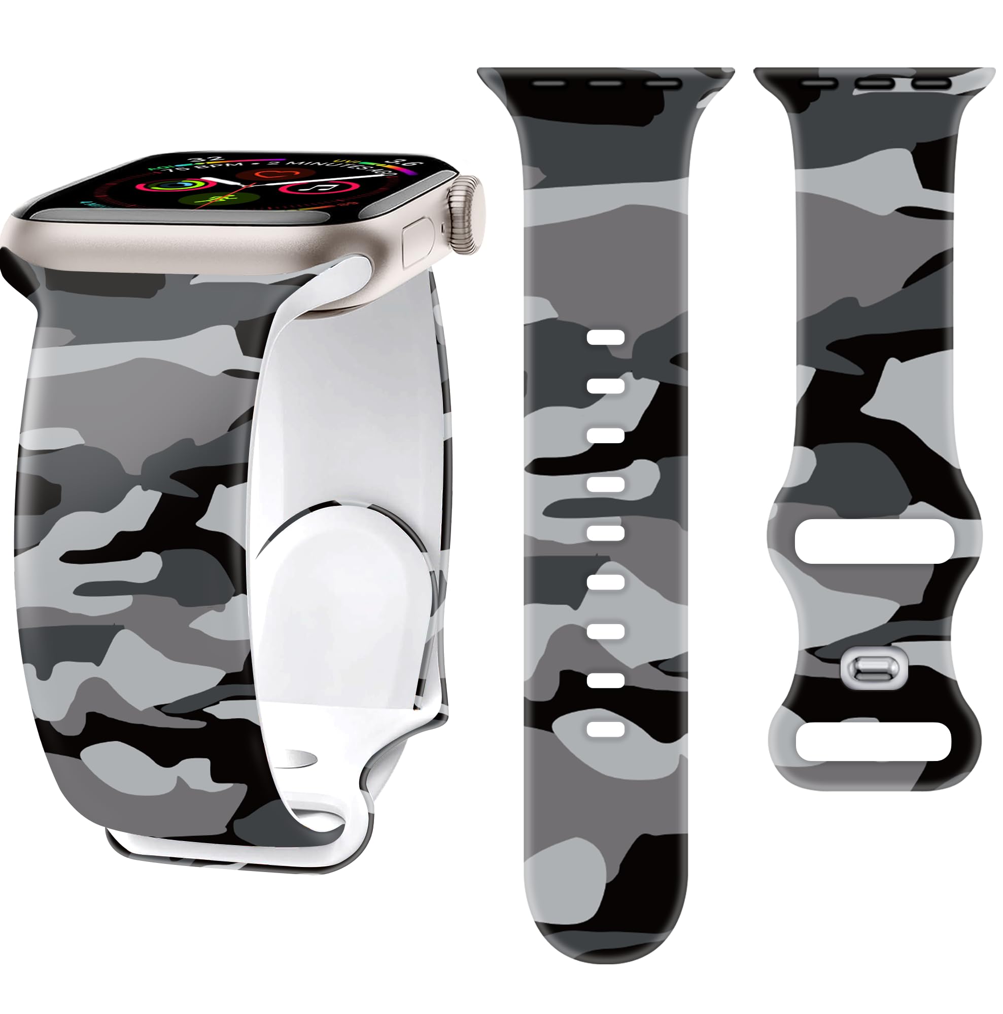 SIBOYL Camo Band fits Apple Watch Bands for Men Women 45mm 44mm 42mm 49mm, Sport Apple Watch Ultra Band for Mens, Silicone Strap for iWatch Bands Series 9 Series 8 SE 7 6 5 4 3 2 1 Ultra 2 1-Black