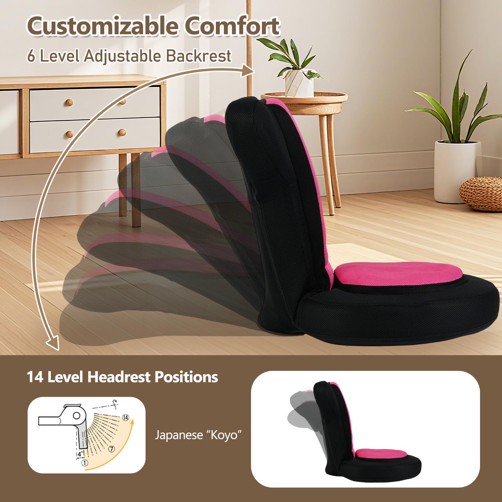 RELAX4LIFE Bodenstuhl, Bodensessel mit Liegefunktion, Bodensofa mit 5-Fach Verstellbarer Rückenlehne, Bodensitz zum Fernsehen Lesen Spielen, Meditationsstuhl Lazy Sofa gepolstert (Rosa)