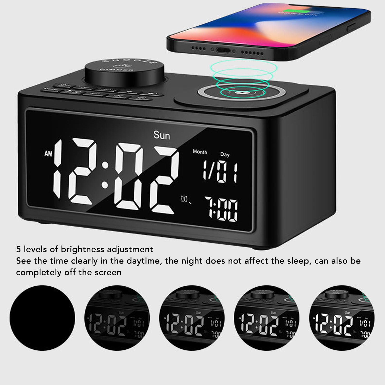 Goshyda Głośnik Bluetooth z bezprzewodową ładowarką, Radiem FM, Konfigurowalnymi Podwójnymi Alarmami, bezprzewodową stacją ładującą Głośnik HiFi Wbudowany Mikrofon, do Domowego Biura w (wtyczka UE)