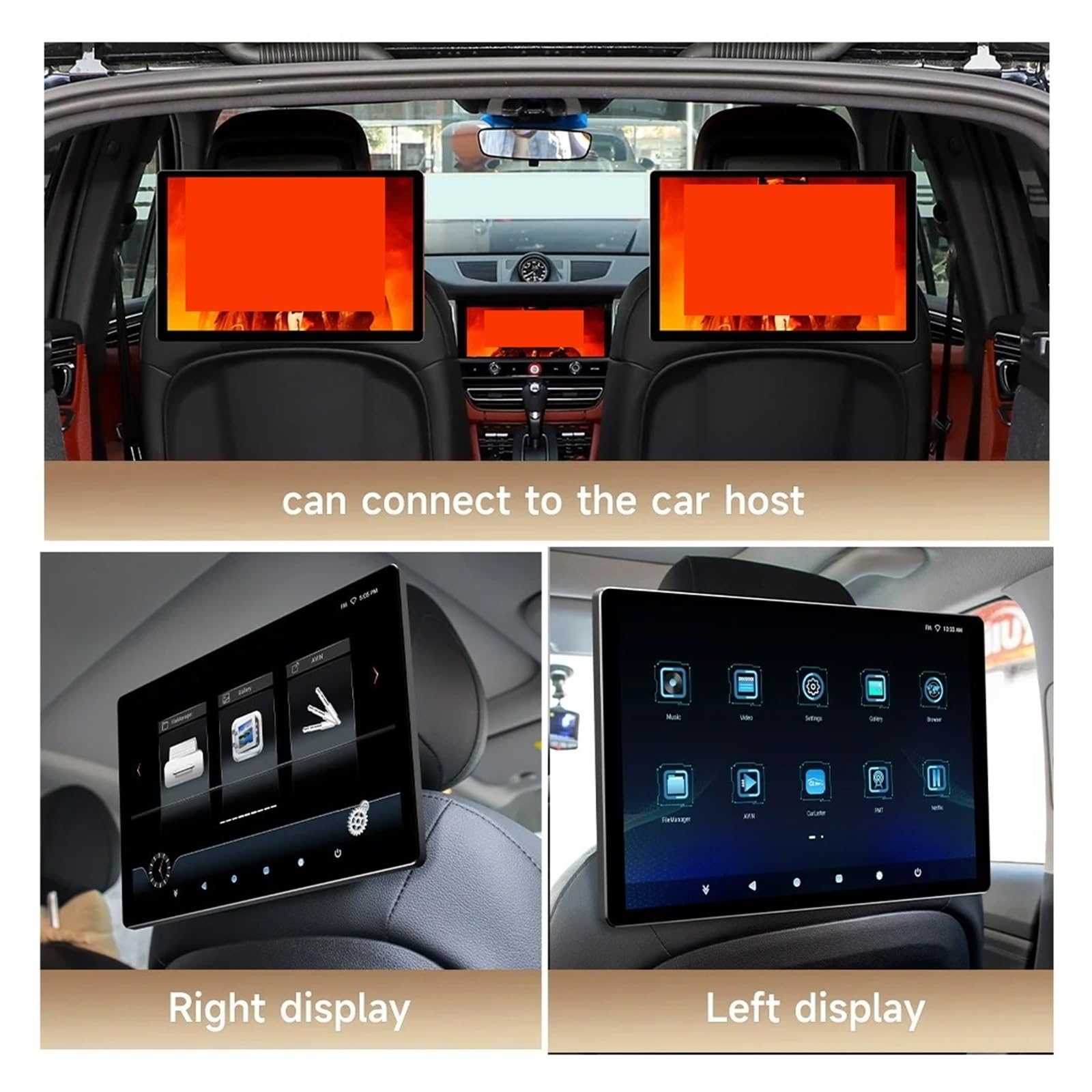 Monitor De Reposacabezas IPS 11,5/13'' con Pantalla Táctil For El Asiento Trasero del Automóvil, Reproductor Video Y Espejo Imágenes FáCil Instalación para Viajes(13.3 Inch 4G-64G-2P)