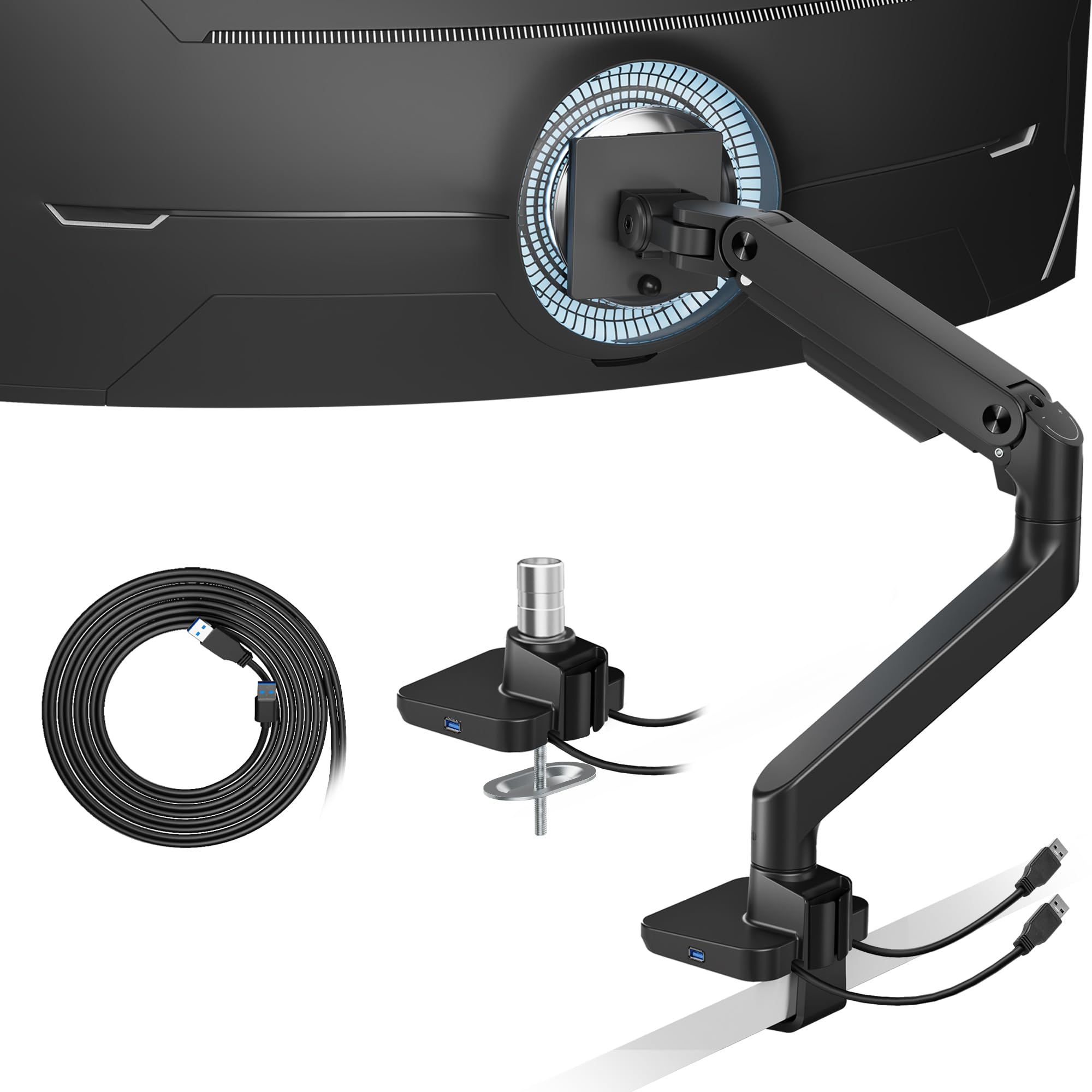 ARES WING Monitor Halterung mit USB A/C, Monitor Arm für 17 bis 49 Zoll Bildschirme, Verstellbarer Monitorständer für 20Kg Tragfähigkeit, Monitorhalterung mit Gasfeder, VESA 75/100 mm,Schwarz