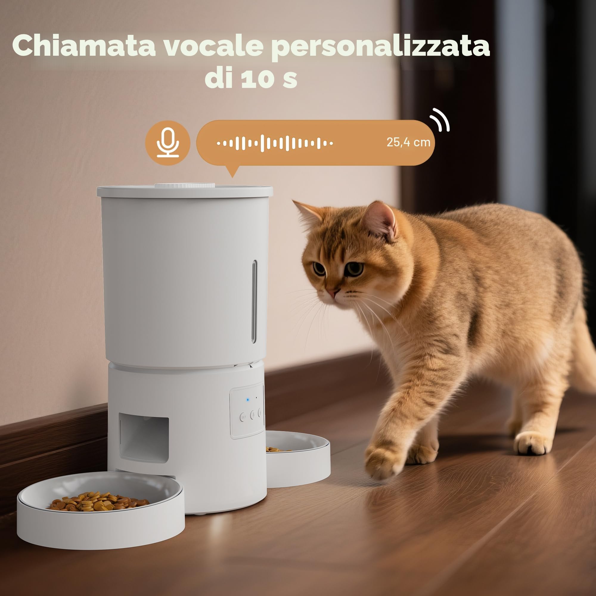 Distributore Automatico Cibo Gatti 2 Ciotole: 5L Distributore Automatico Cibo Cane con Timer WiFi 2.4G per Crocchette - Design Doppia Ciotola per Famiglie con Più Gatti & Cani - Bianco