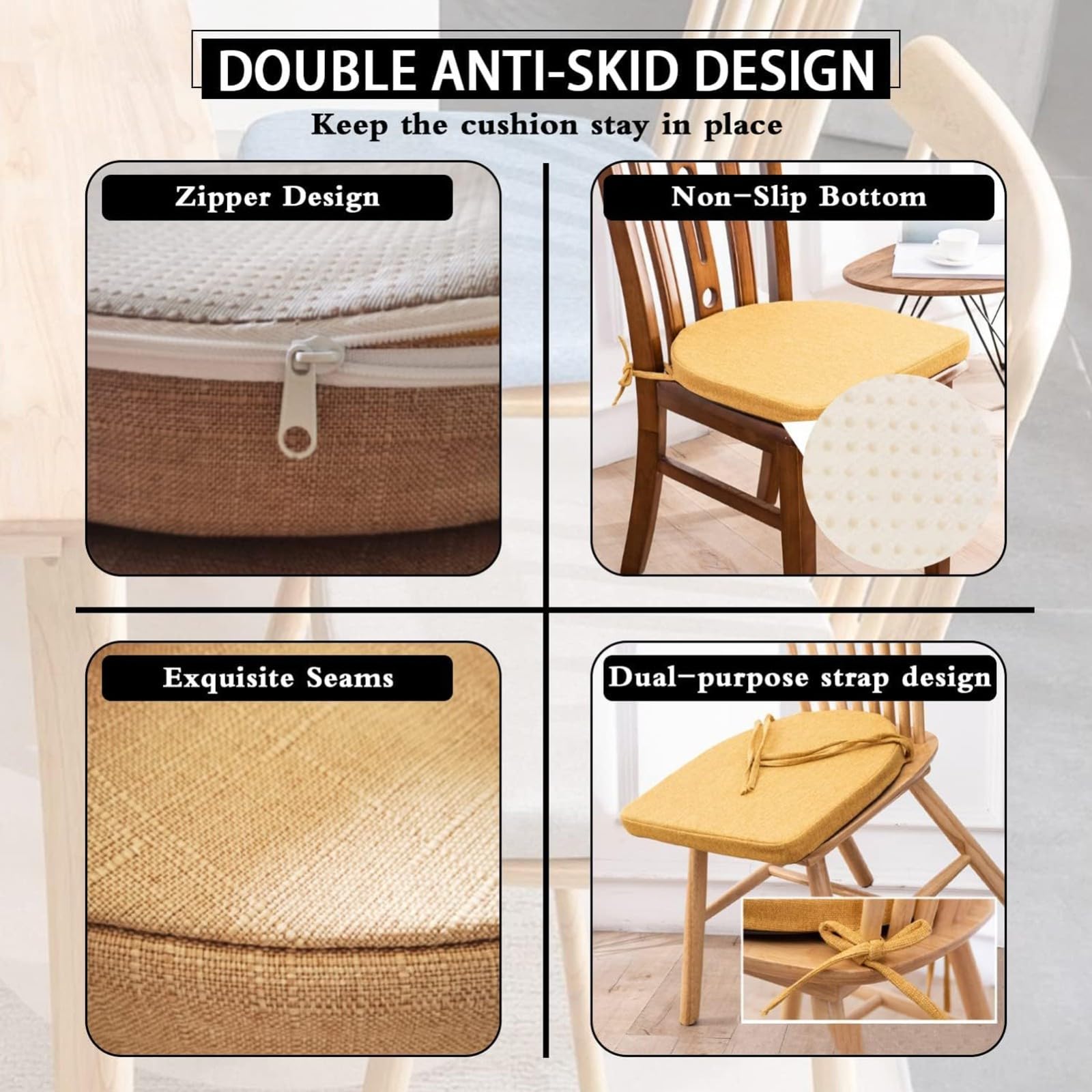 Stuhlkissen Sitzkissen Outdoor Gartenstuhlauflagen, Hufeisen rutschfest Stuhlkissen Halbrund mit Bändern, Sitzpolster für Outdoor Indoor Zuhause Büro Küche Beige,6 Pack