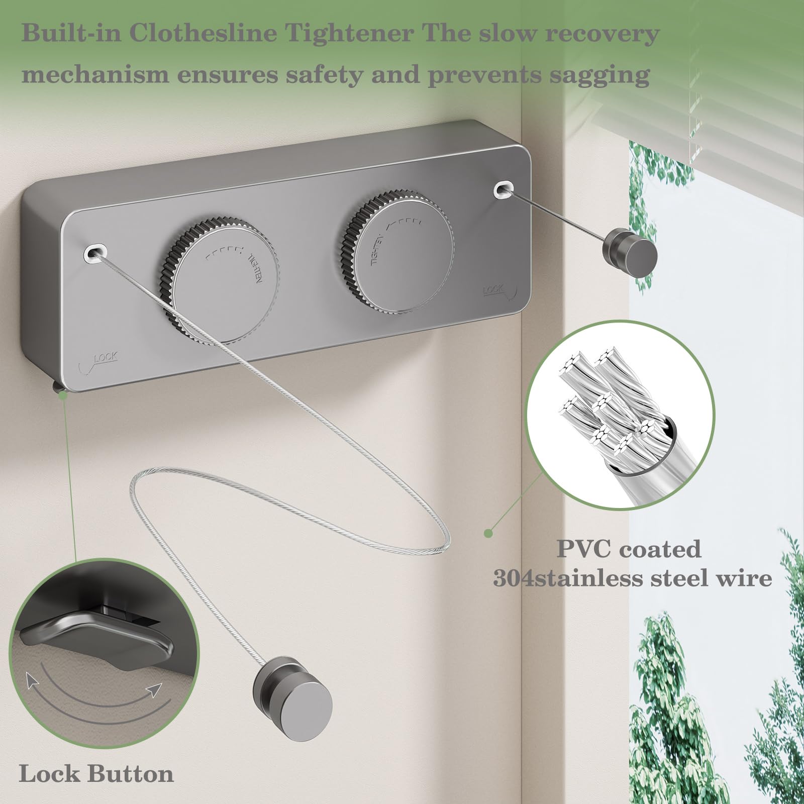 Danpoo Tendedero retráctil, perilla ajustable anticaída, resistente al desgaste, para interiores y exteriores, con alambre de acero inoxidable de 2 x 14 pies, soluciones de secado de pared de