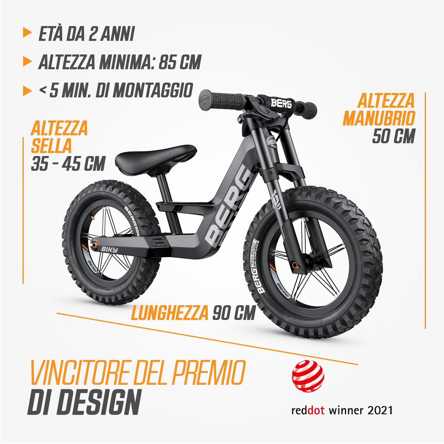 Berg Biky Cross, bicicletta nera con freno a mano a partire dai 2 anni, pneumatici, telaio leggero in magnesio, veicolo antiscivolo da 12 pollici, bicicletta per bambini ragazzi e ragazze, sella