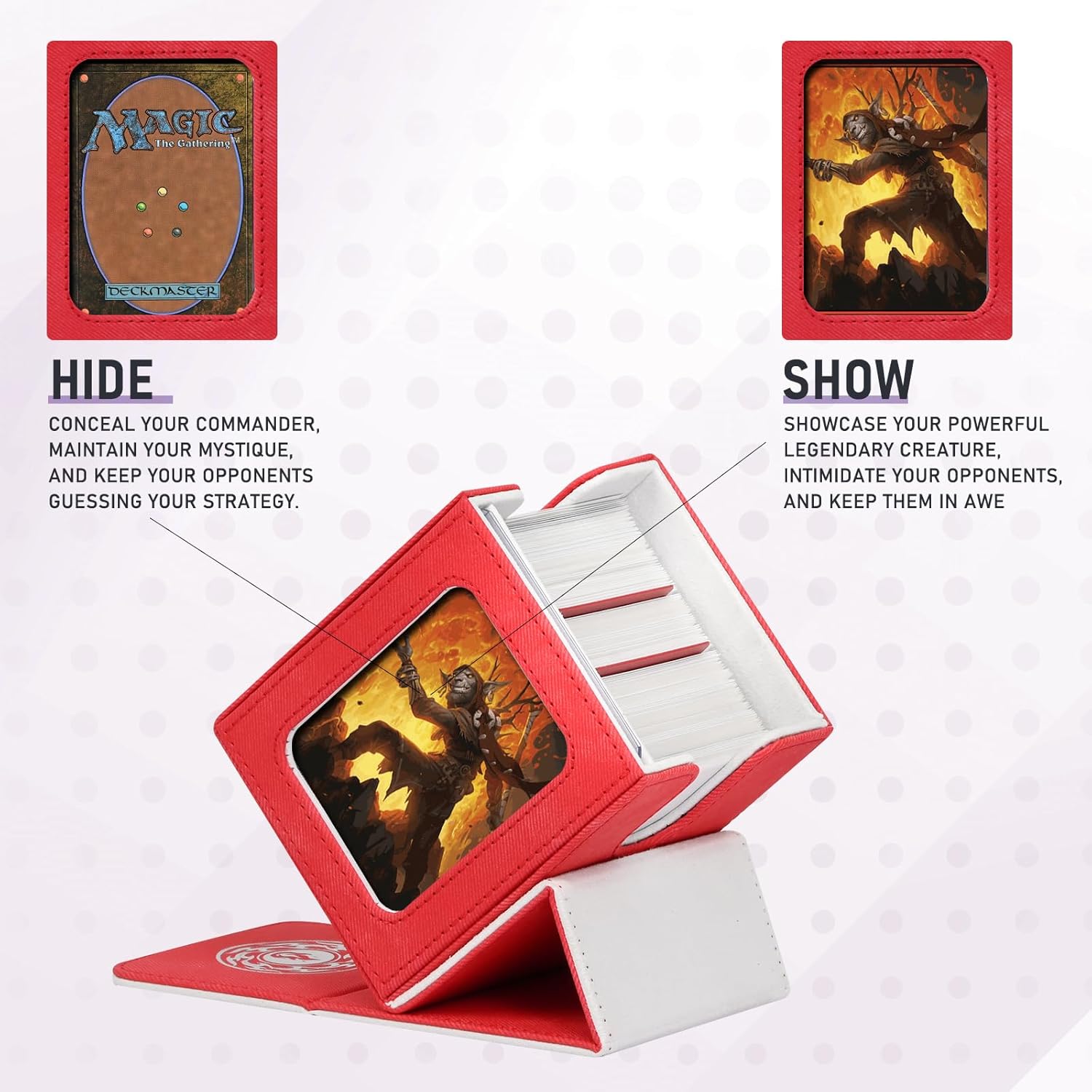 Card Deck Box for MTG with Commander Display for 100+ Double Sleeved Cards, Magnetic Card Storage Box Fits for TCG Sports Trading Cards (Red&White)