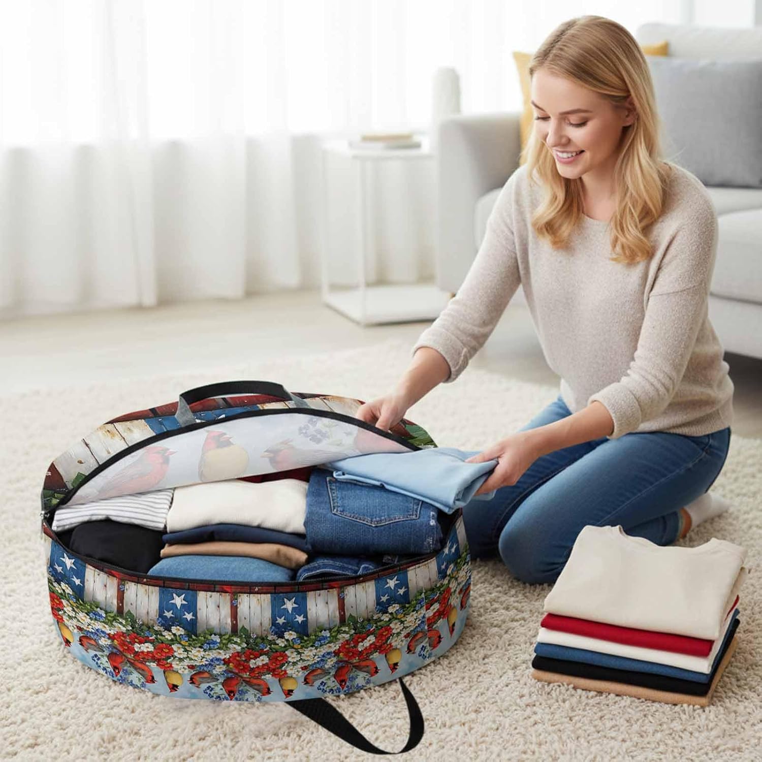 Cardinal Bird Poppy Round Storage Bag 36 Inch, 4th of July Patriotic USA Flag Clothes Storage Container with Handles Heavy Duty Organizer for Comforter, Bedding & Holiday Wreaths