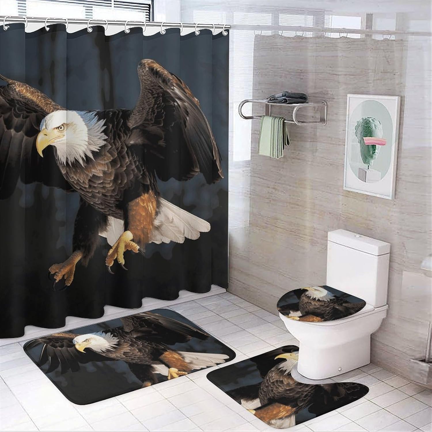 3D Bald Eagle Shower Curtains Set 4 Piece with Non-Slip Rugs, Toilet Lid Cover and Bath Mat Soft Bathroom Carpet Waterproof Bathroom Curtain with 12 Hooks for Bathroom Decor