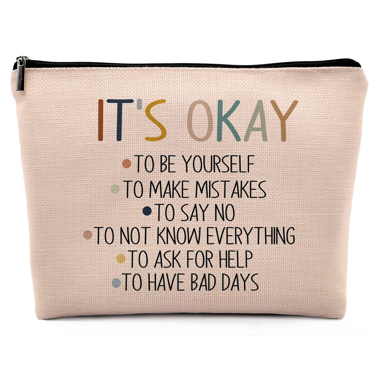 Dwept It's Okay to Be Yourself Mental Health Makeup Cosmetic Bag，Motivational Self Care Linen Makeup Travel Toiletry Bag, Boho Inspirational Art