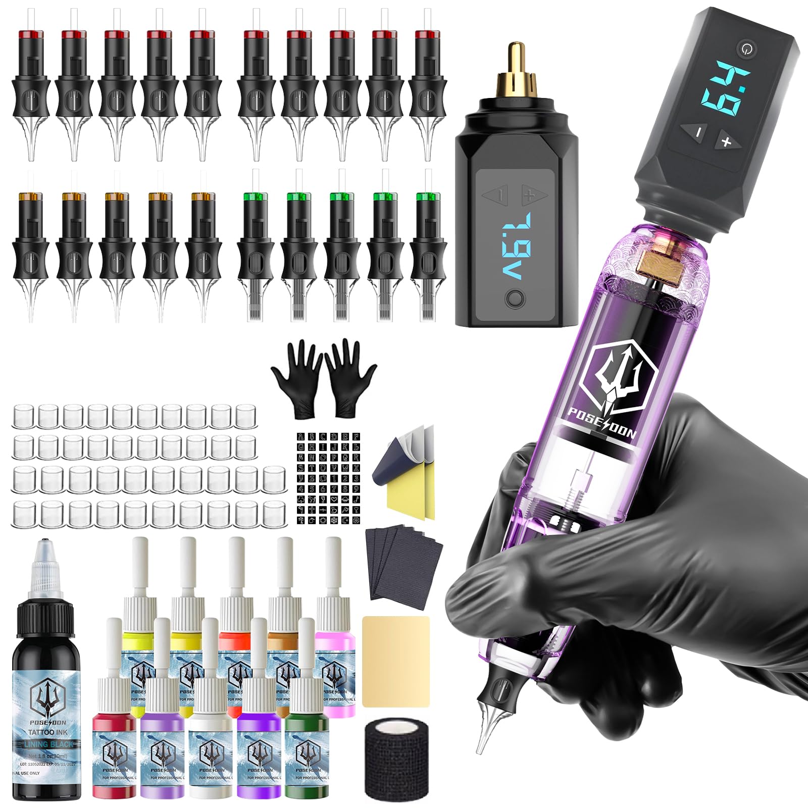 Kit de Machine à Tatouer Rotative Sans Fil POSEIDON avec 20 Cartouches d'Aiguilles,Encres & 2 Batteries Rechargeables | Pistolet à Tatouer Professionnel Portable pour Débutants | Fournitures Complètes