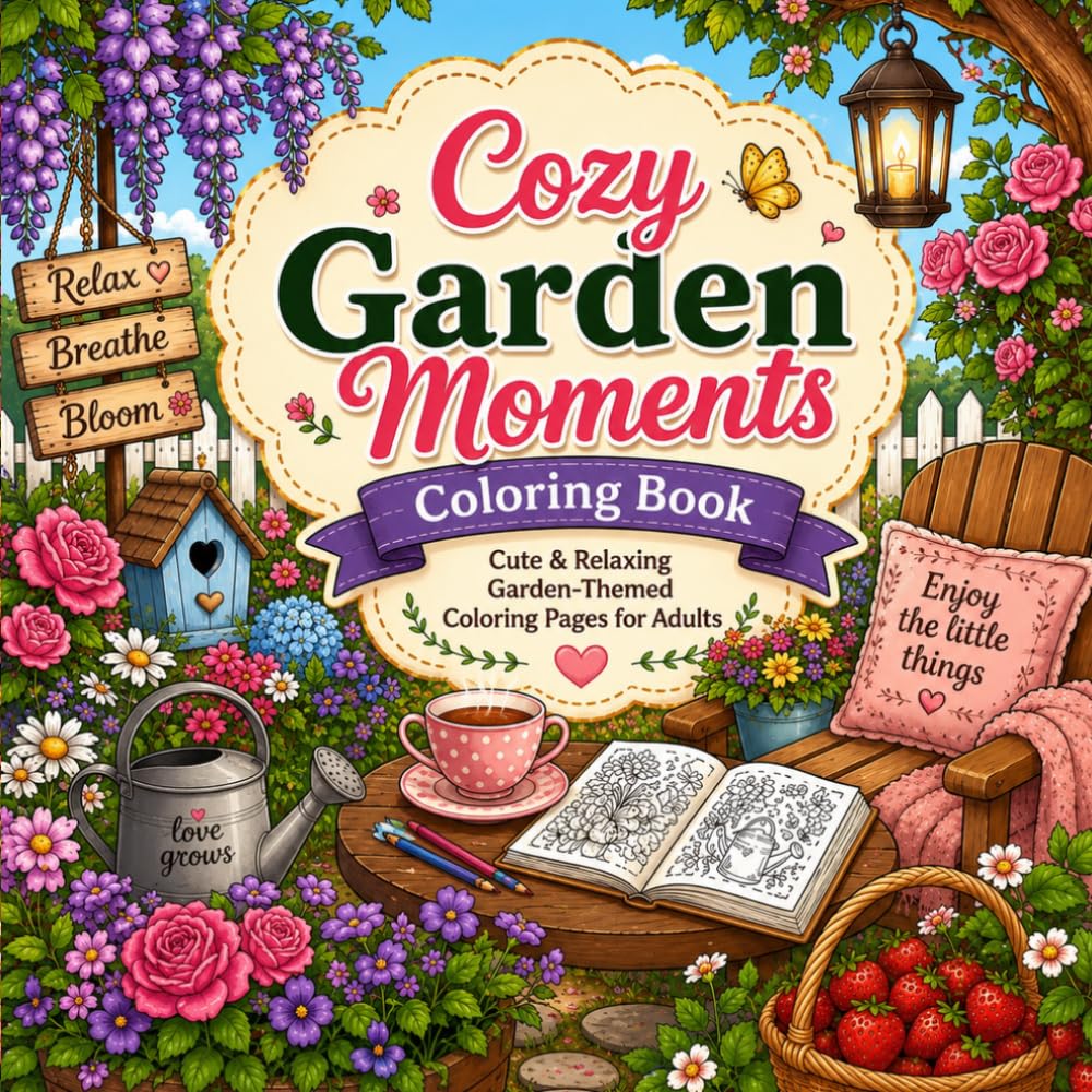 Cozy Garden Moments Coloring Book: Cute & Relaxing Garden-Themed Coloring Pages for Adults