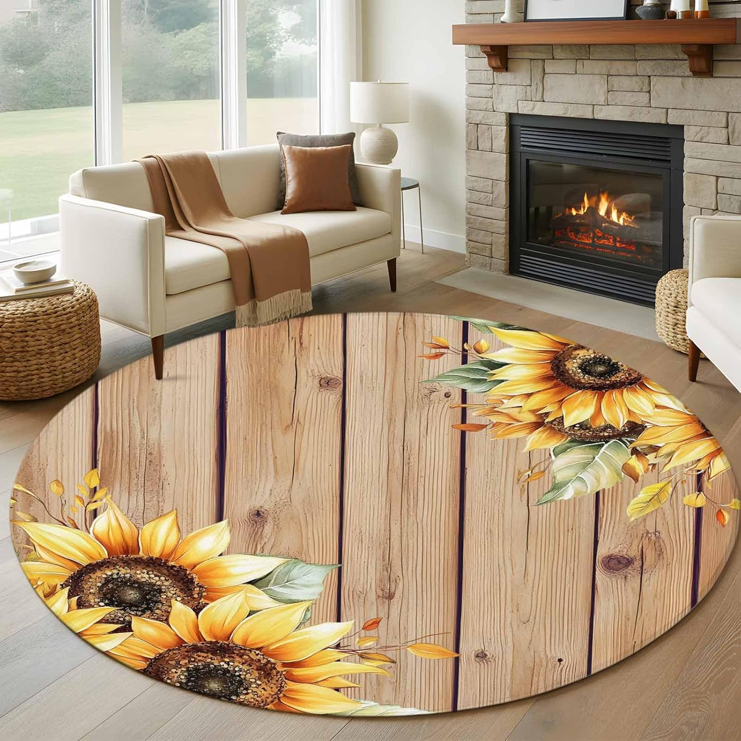 Round Rugs 7Ft, Sunflower Washable Rug for Living Room Low Pile Indoor Floor Carpet, Farmhouse Wooden Grain Brown Flower Leaf Non-Skid Bathroom Rug Kitchen Runner Rugs for Bedroom