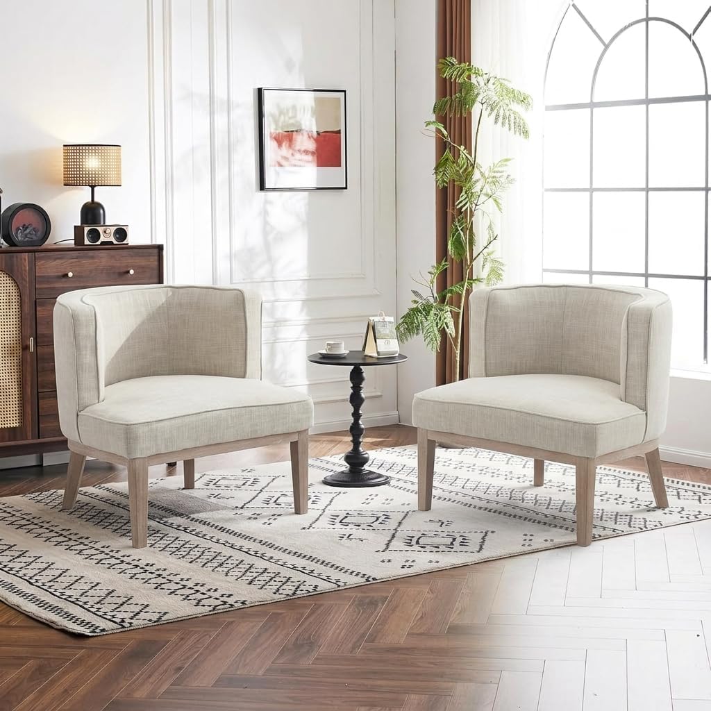 Beige Barrel Chairs Set of 2 with Solid Wood Frame, Small Round Accent Chairs Set of 2, Comfy Linen Accent Chairs for Living Room