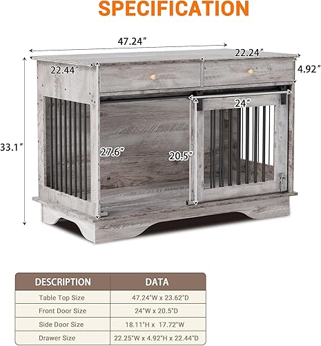 Miniatura 2 de Caja de mueble para perros de 47", Caja de perro estilo mueble grande para perros grandesmedianospequeños (Gris retro, una jaula)