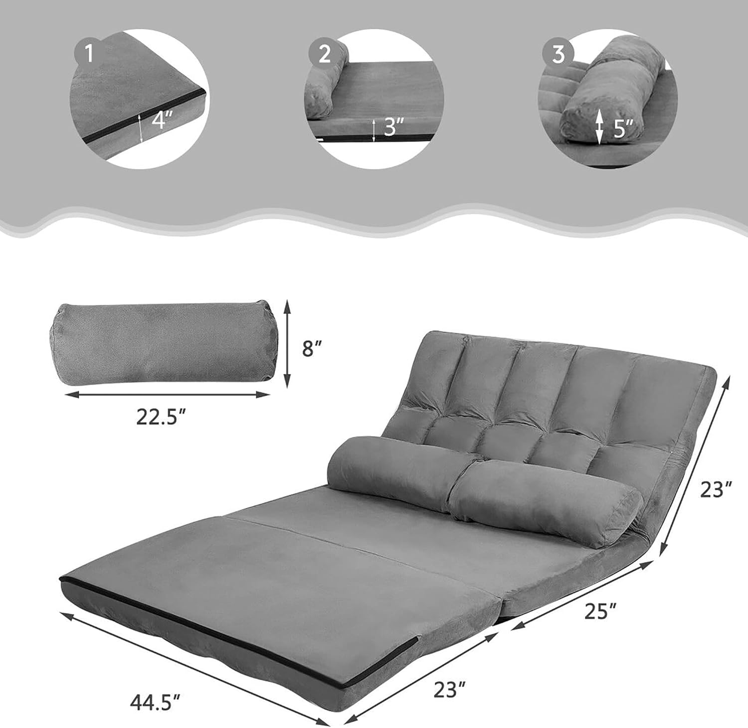 DORTALA Foldable Floor Sofa, 6-Position Adjustable Lounge Couch with 2 Pillows & Suede Cloth Cover, Modern Lounge Mattress Video Gaming Lazy Couch, Floor Seating Sofa, 71" x 44.5", Grey