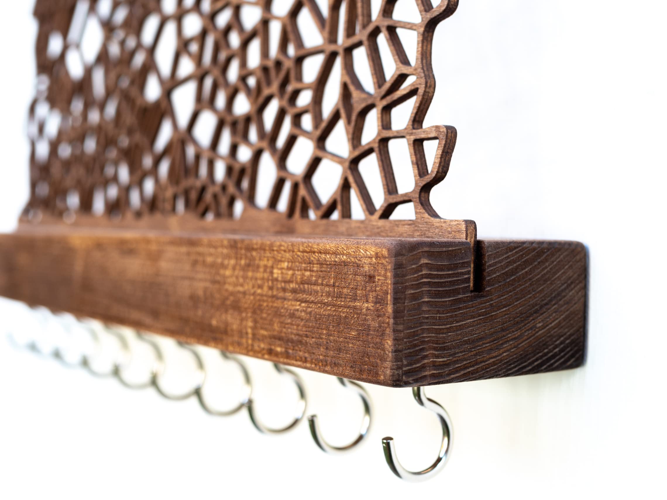 Handgemachter Schmuckhalter aus Holz für die Wand - Aufbewahrung für Ohrringe Halsketten Armbänder - Wandhalterung Schmuckablage mit Haken
