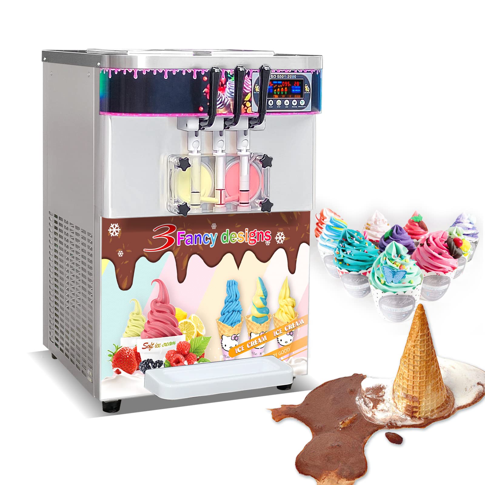 Commercial Countertop 3 Flavors Countertop Soft Ice Cream Machine Automatic 2 1 Mixed Flavors Soft Serve Ice Cream