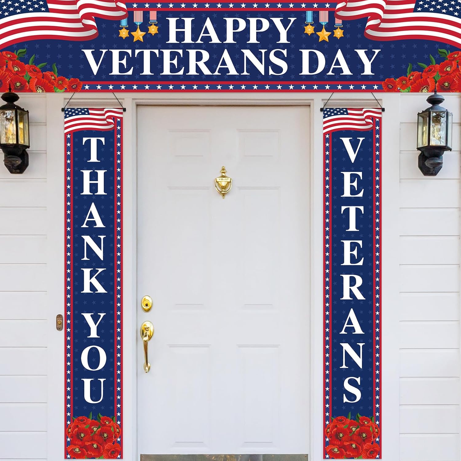 3 Pcs Veterans Day Porch Banners Thank You Banner 4th of July Patriotic Independence Day Backdrop Thank You Veterans Backdrop Blue Veteran's Fence Banner Decorations for Party