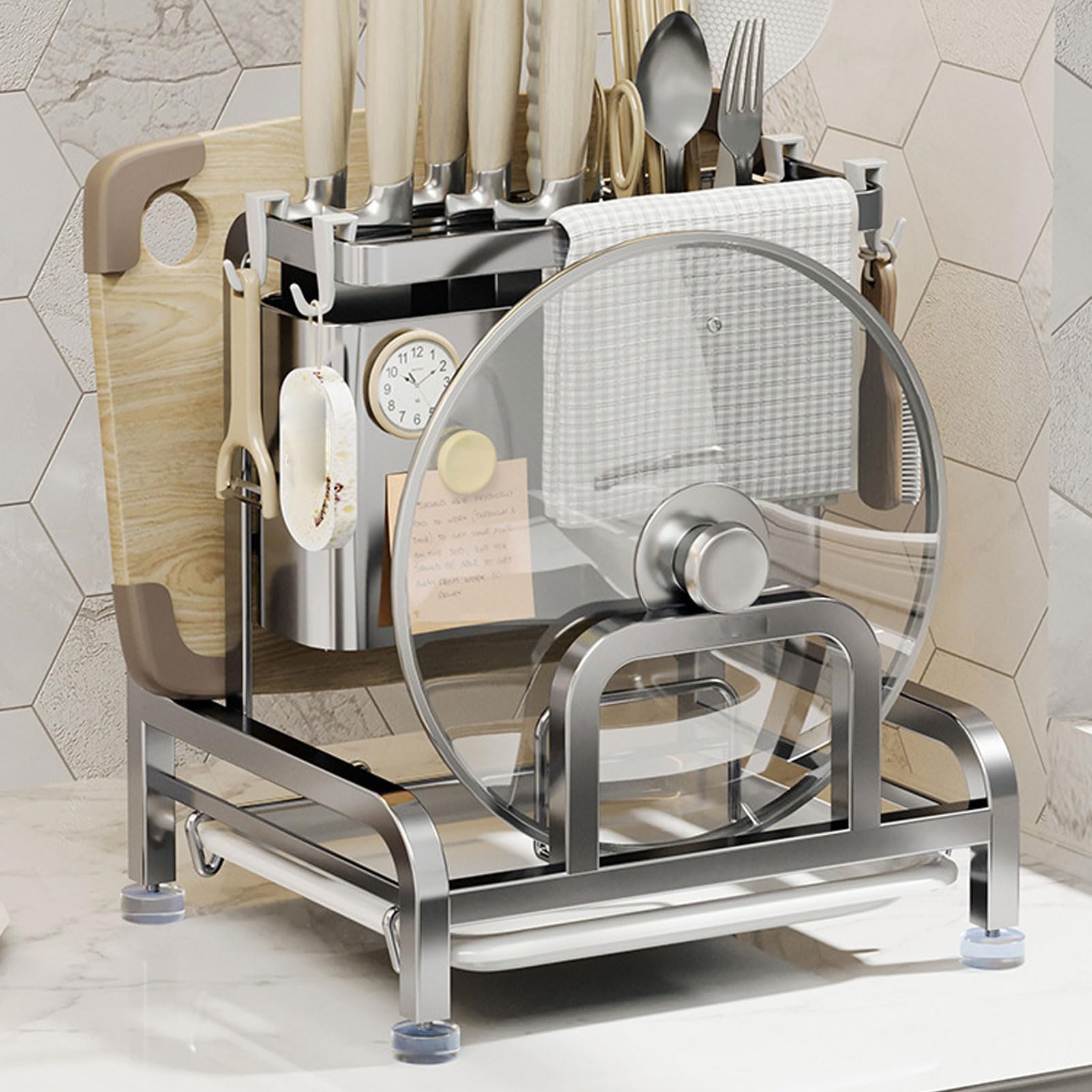 SIXRUN Küchen-Organizer-Regal aus 304 Edelstahl, Utensilien-Trockenbehälter mit Messerschlitzen und Essstäbchenhalter für Arbeitsplatte – Platzsparender Küchenhelfer