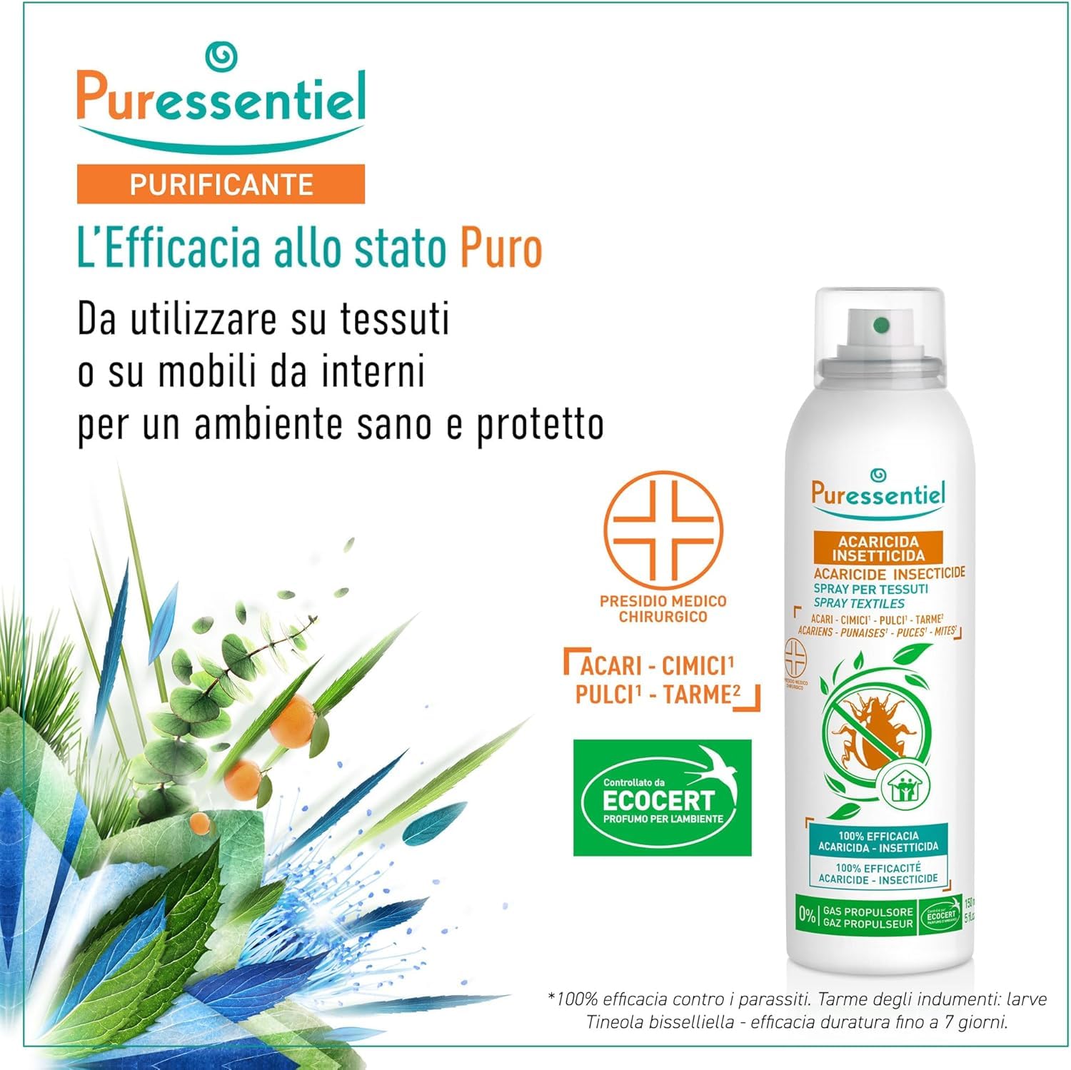 N.2 Acaricida Spray Insetticida da 150ml per tessuti, Presidio Medico Chirurgico, Profumo fresco e gradevole