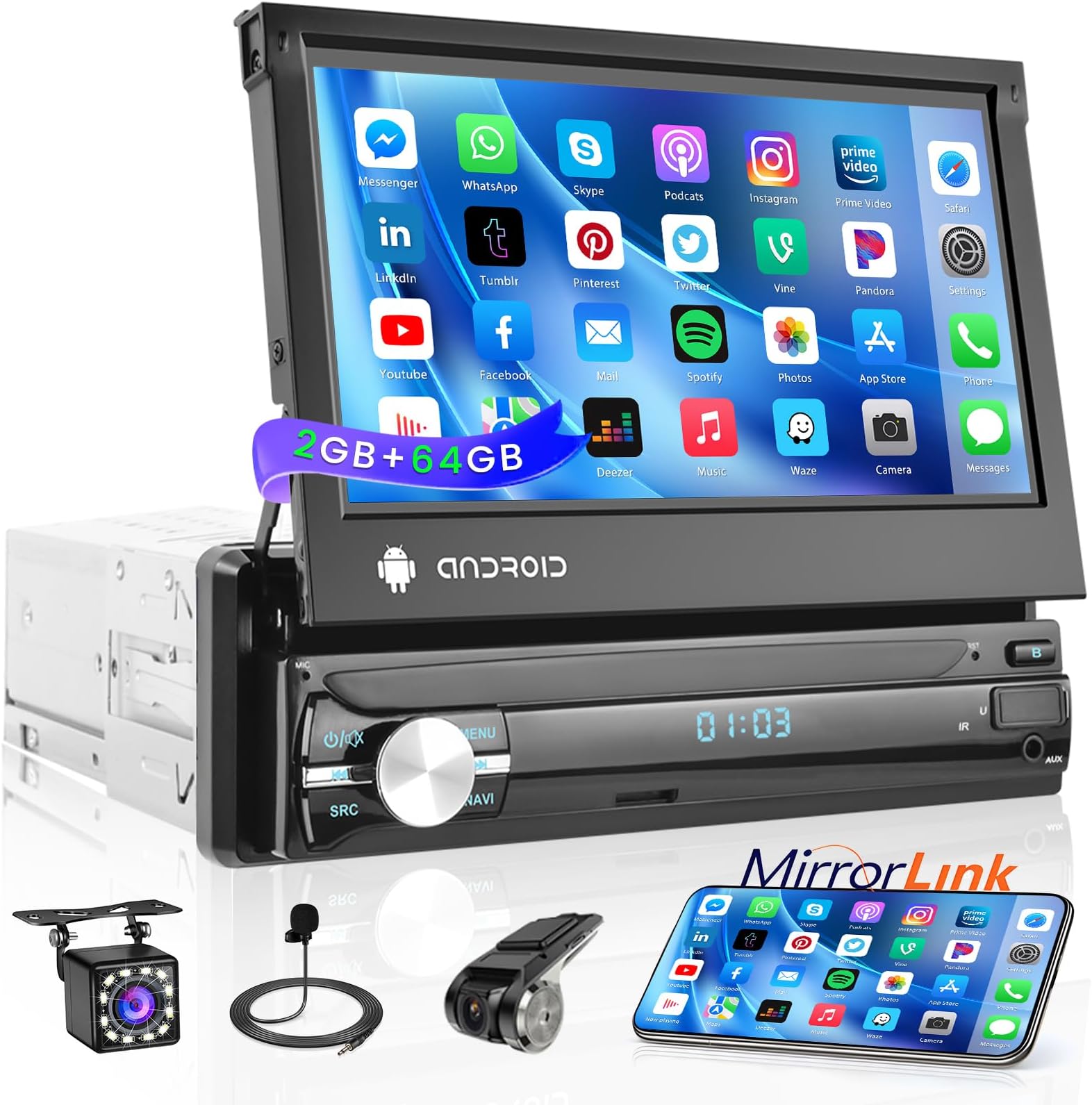 Hikity 2+64GB Android15 DAB/DAB+ Autoradio 1 Din con Wireless Carplay e Android Auto, 6.9Pollici Schermo Tattile Radio Stereo Auto con GPS WIFI Bluetooth Mirror Link FM RDS MIC Telecamera Posteriore