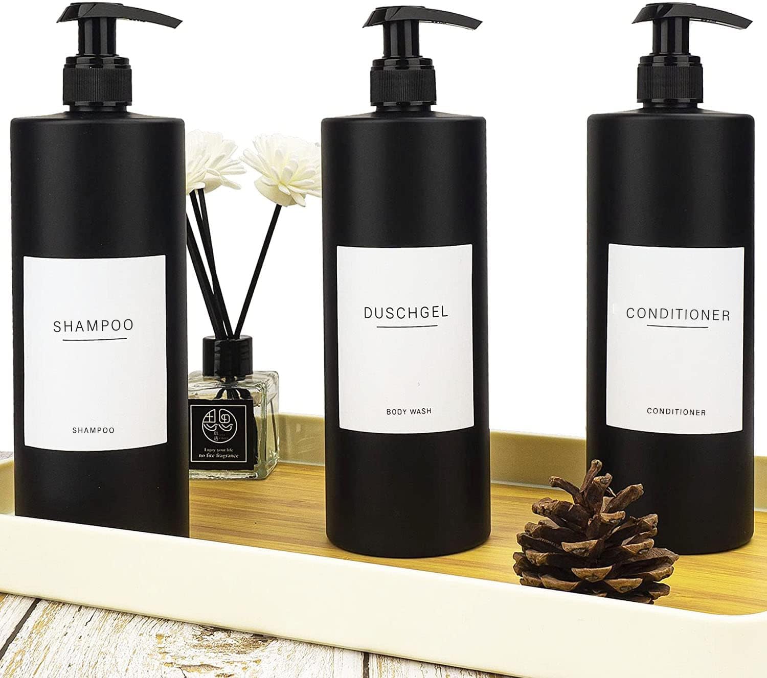 Esdallina 3 Stück 500ml Matte Schwarz Kunststoff Seifenspender Pumpspender für Flüssigseife mit 22 Aufkleber
