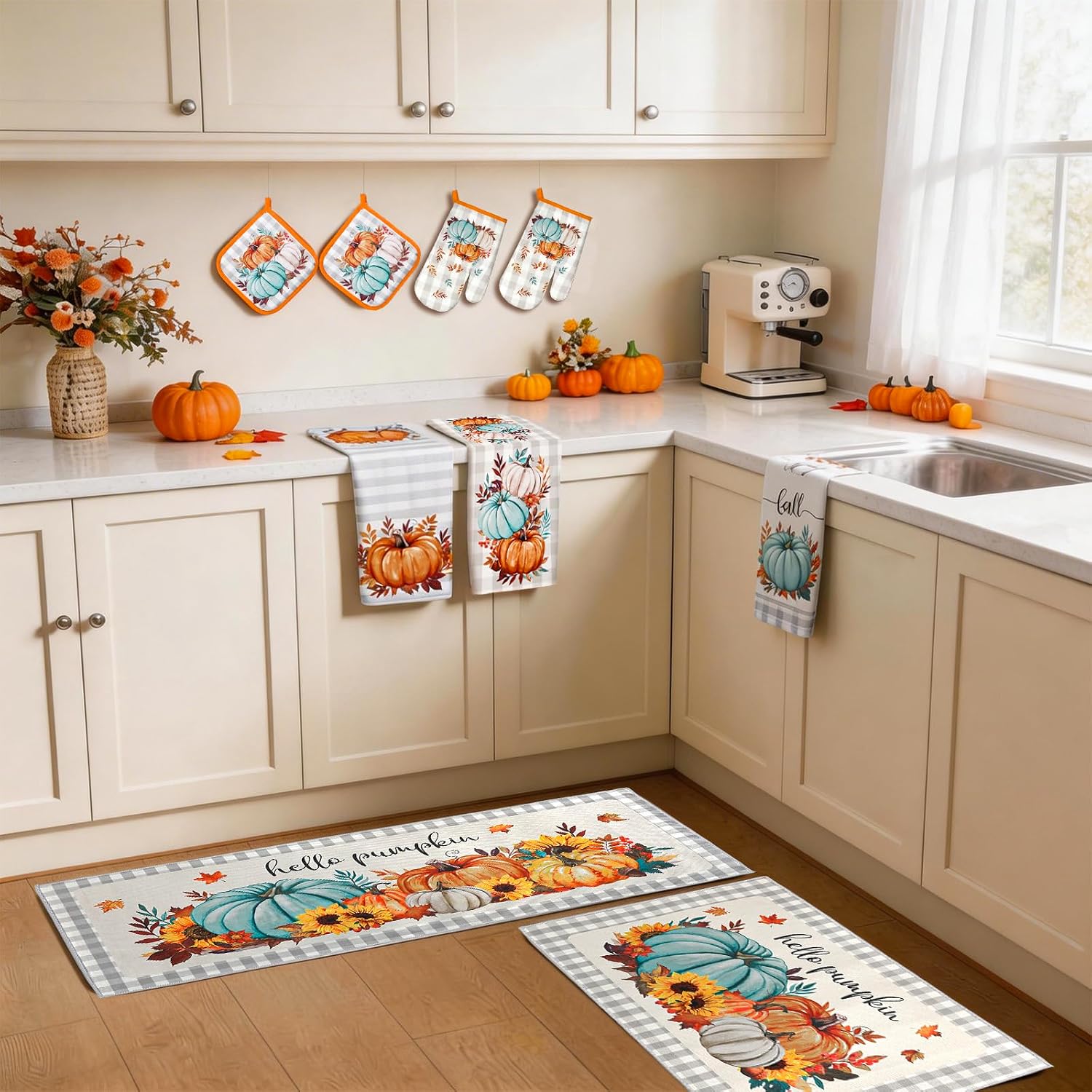 JarThenaAMCS 10Pcs Fall Kitchen Decor Set 4 Absorbent Towels 2 Pot Holders 2 Oven Mitts 2 Rugs Blue Orange Pumpkin Leaves Plaid Kitchen Accessories for Thanksgiving Baking Cooking