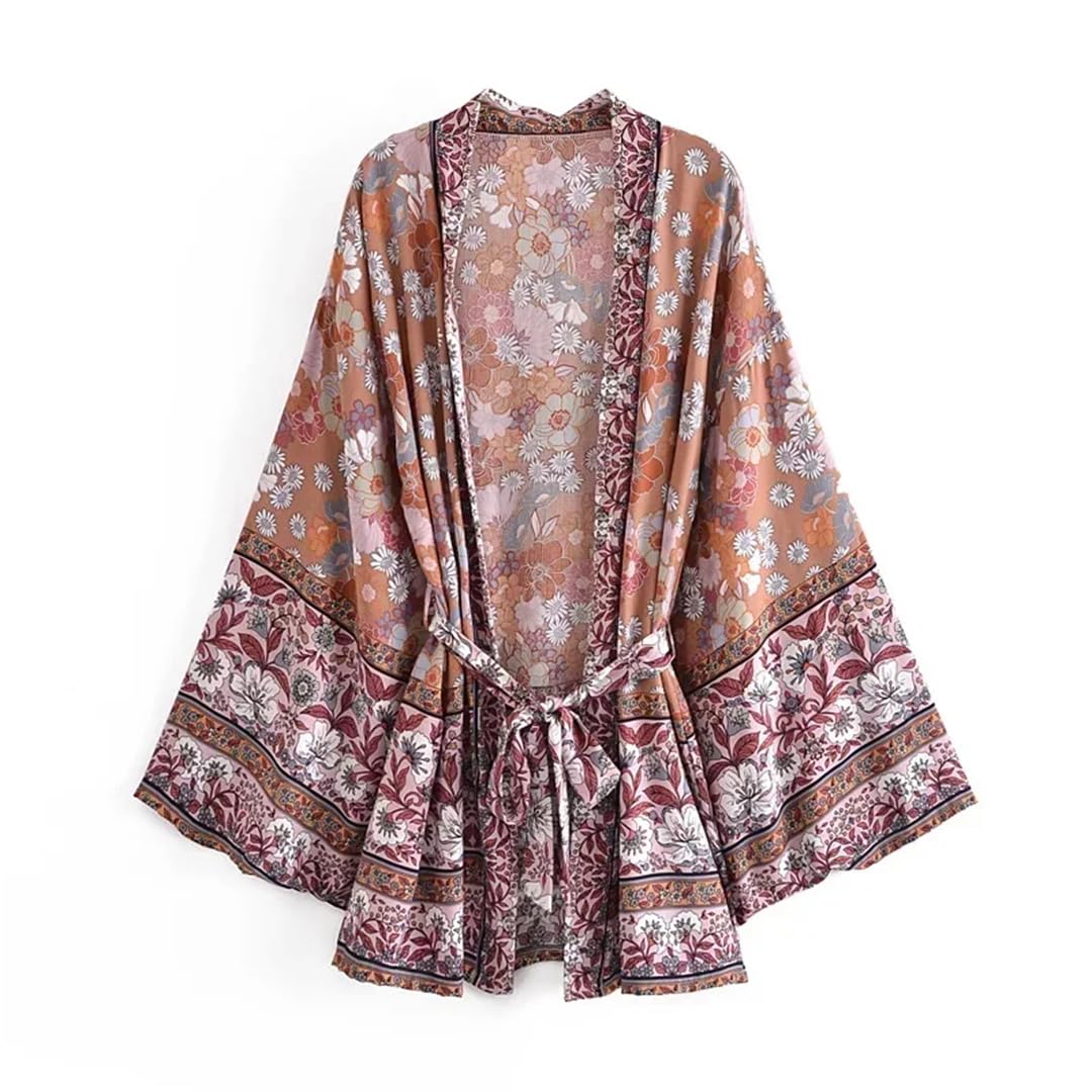Wjnvfioo Kimono da donna vintage con stampa rossa e maniche a pipistrello con scollo a V bohémien