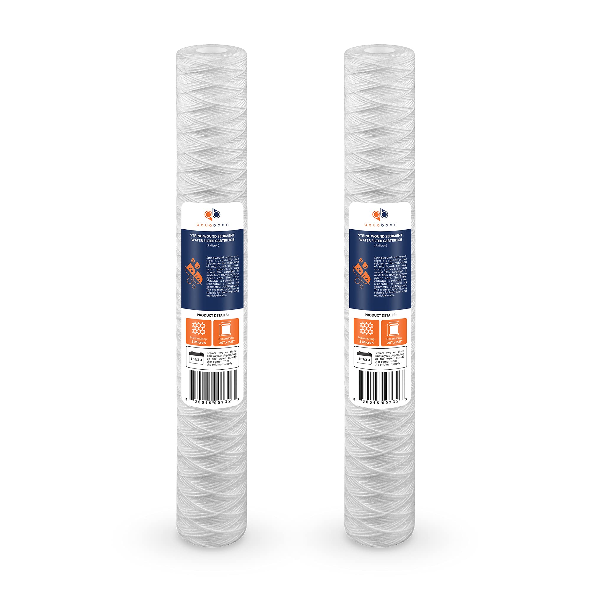 Aquaboon5 Micron 20 x 2.5 Whole House String Wound Water Filter Replacement Cartridge for Well Water Filtration Compatible with WP5BB20P, 2-Pack