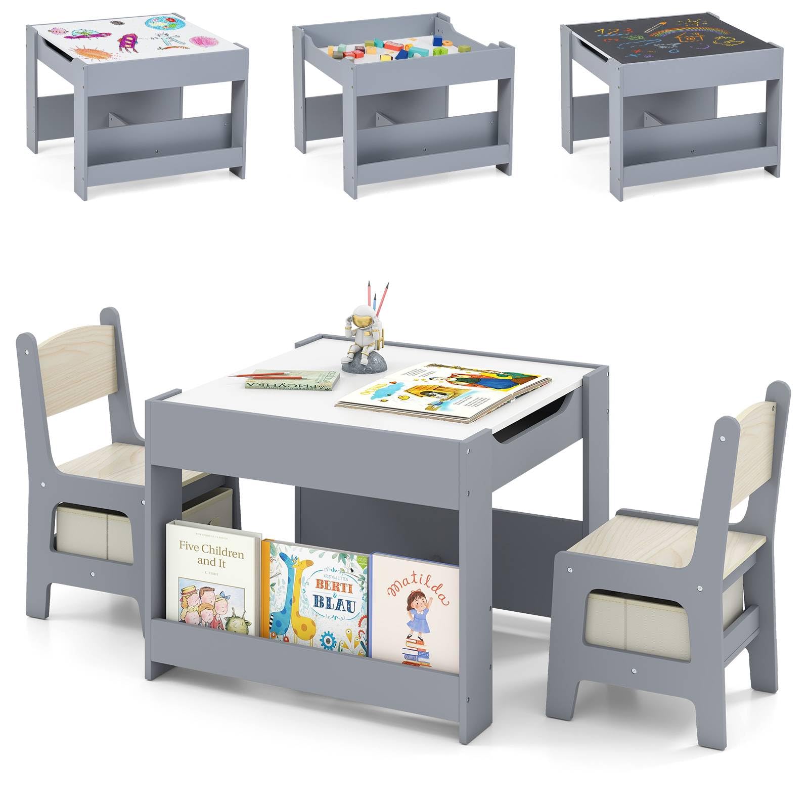 GYMAX Kids Table and Chairs Set, 4 in 1 Children Activity Desk with 2 Chairs, Reversible Tabletop, Bookshelves and Storage Bins, Wooden Toddler Table Set for Boys Girls (Grey+Natural, 61x61x48cm)