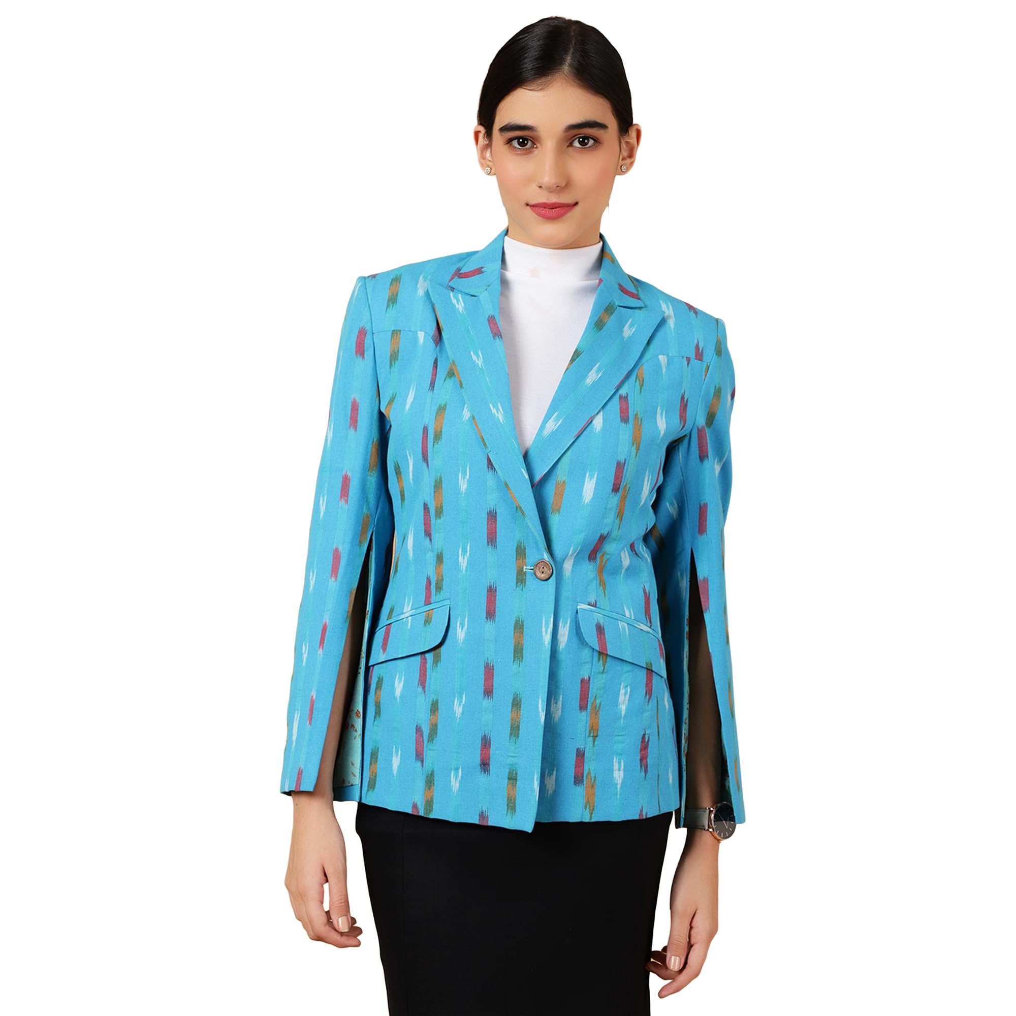 indophilia Women's Ikat Blue Cotton Blazer-picture-47