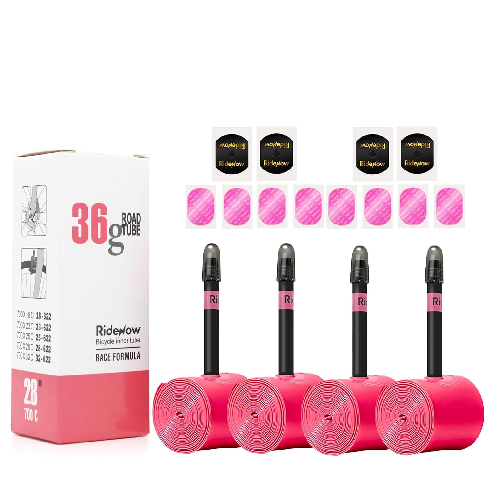 4 Pack Ridenow TPU Inner Tubes Ultra-Light 700 x 18-32c/32-47c with 45mm/65mm/85mm Presta Valves for Road Bike or Gravel Bike (Include Bike Tube Patch Repair Kit)