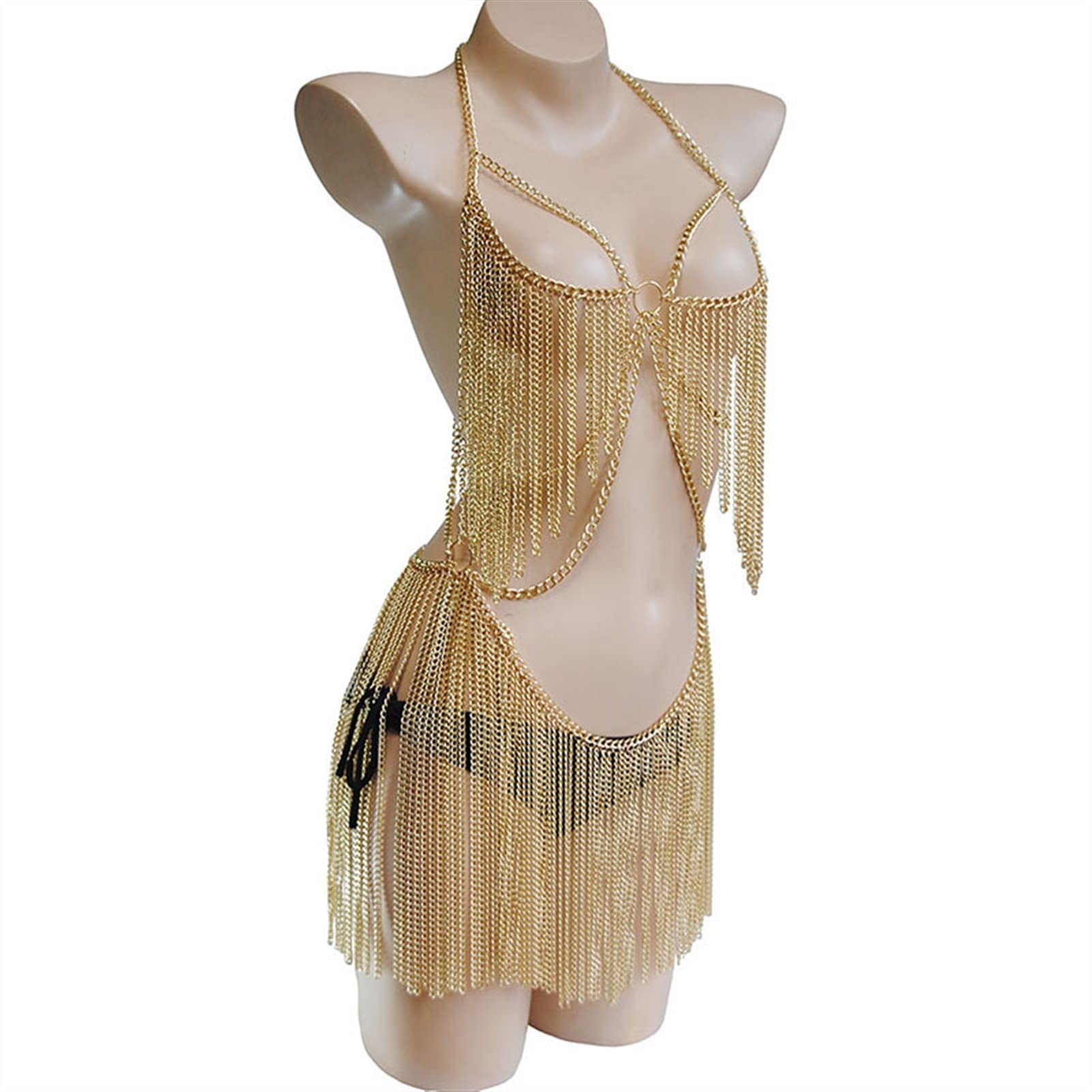 RWRAPS Metallkette mit Quaste, sexy Damen-Bodychain, hoher Ausschnitt, ausgehöhlt, ärmellos, rückenfrei, Neckholder, Festival-Kleid-Accessoires, Bauchtaille-Kette (A Gold)
