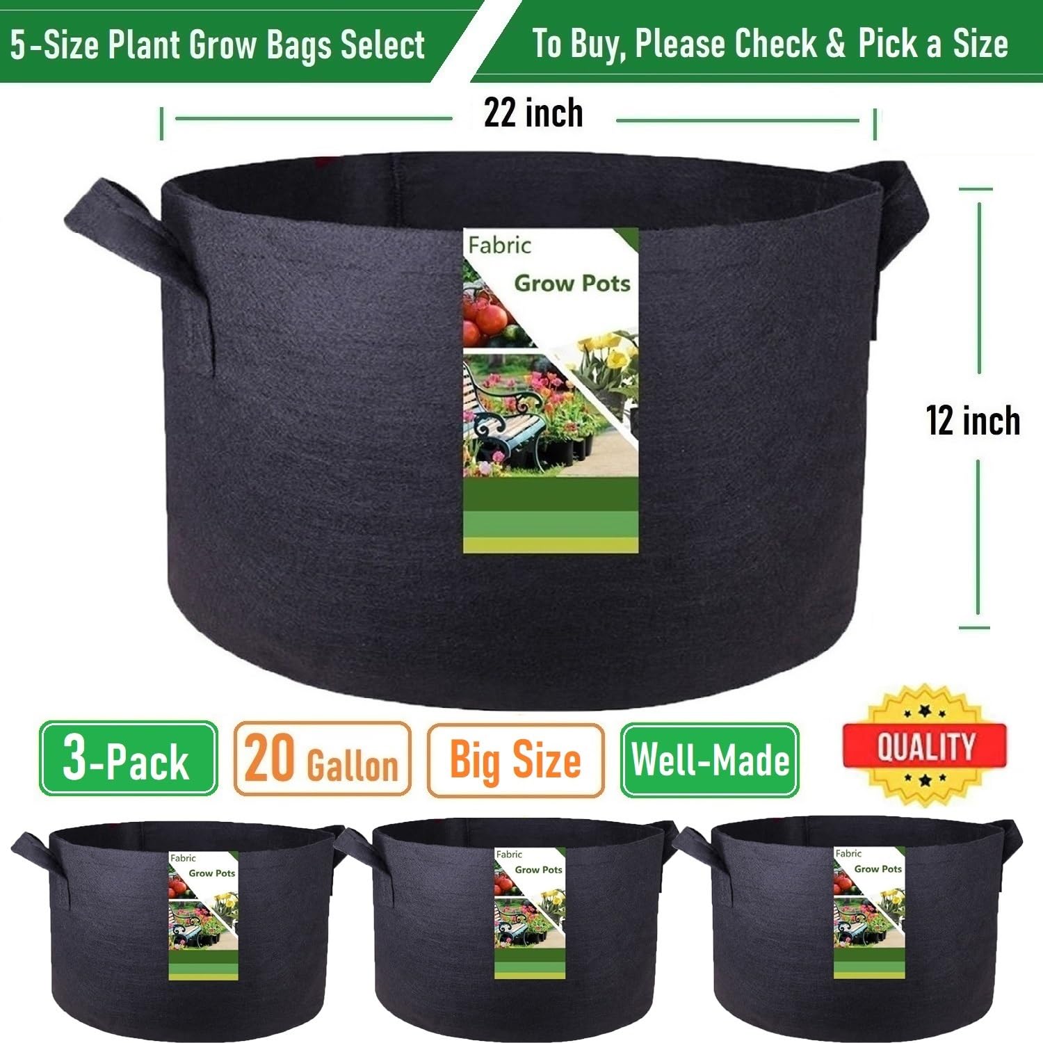 Paquete de 3 bolsas de cultivo gruesas de 20 galones grandes (22 x 12 pulgadas), bolsas de jardín resistentes para plantas de tomate, maceta de patatas, macetas, plantas de hierbas, verduras, maceta