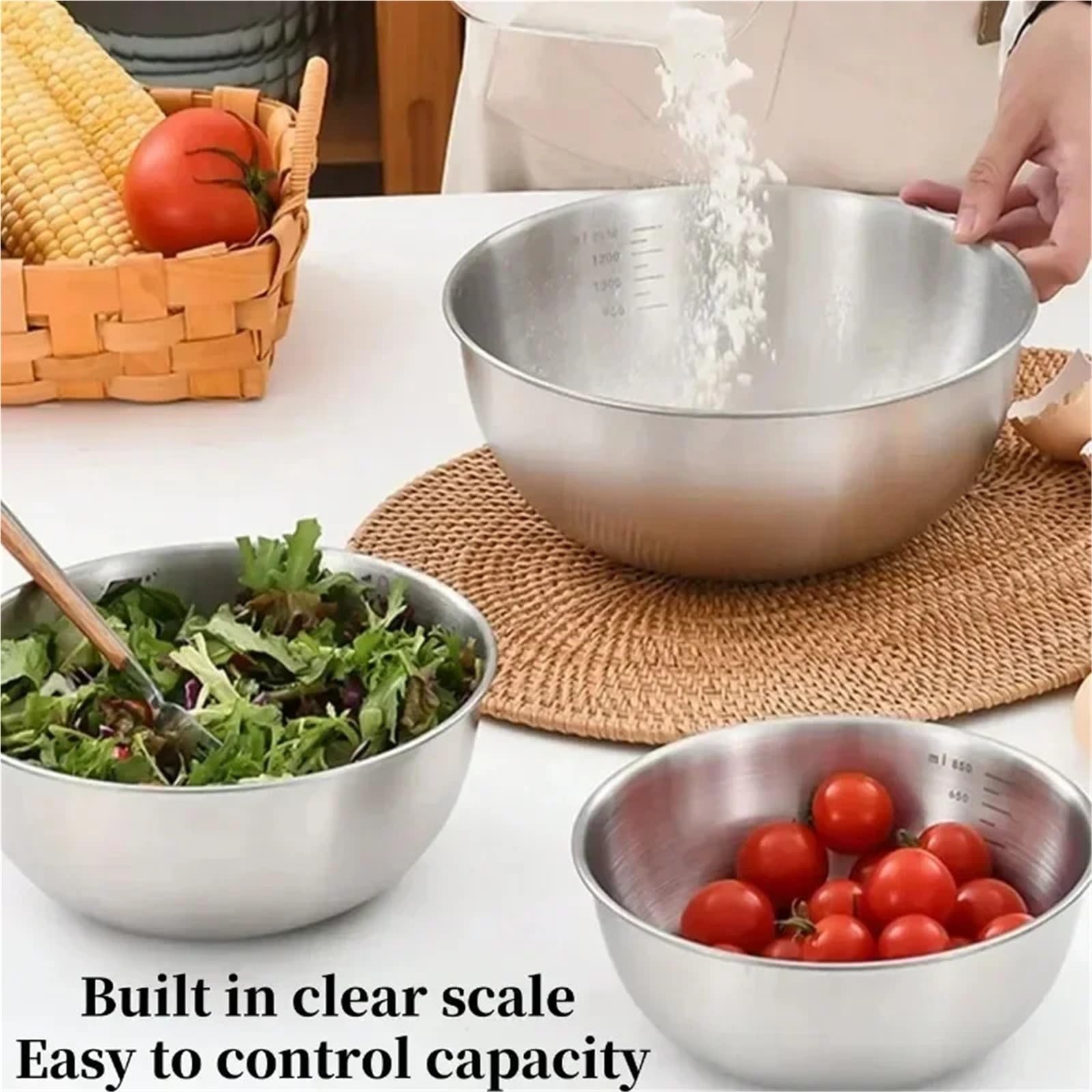 Tazón Para Mezclar Juego de tazones for mezclar acero inoxidable | 1-3 piezas con báscula de gran capacidad for cocinar, hornear y almacenar alimentos(S 1PC)