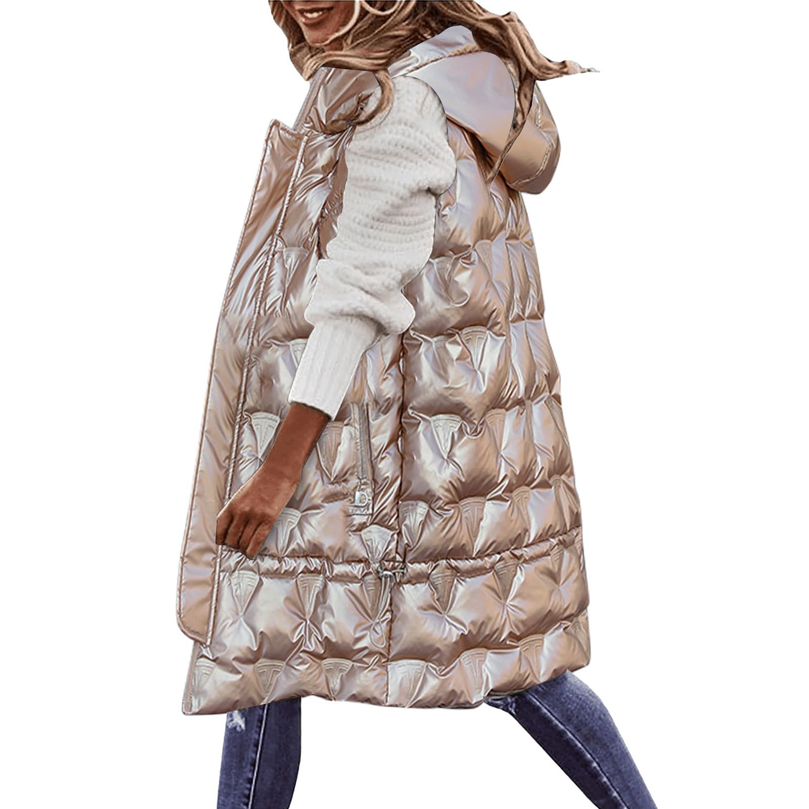 Long Weste Damen Steppweste Wattierte Stepp Übergangsjacke Outdoor Wandern Reisen Oberbekleidung Mit Kapuze Kurzarm Jacke Warme Casual Gilet Steppmantel für Camping
