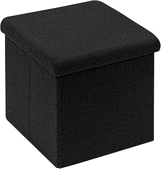 Bonlife Boucle Ottoman Storage,Foot Rest Stool Seat,Folding Footstool for Living Room,Sherpa Ottoman for Bedroom,Black,40x40x40cm