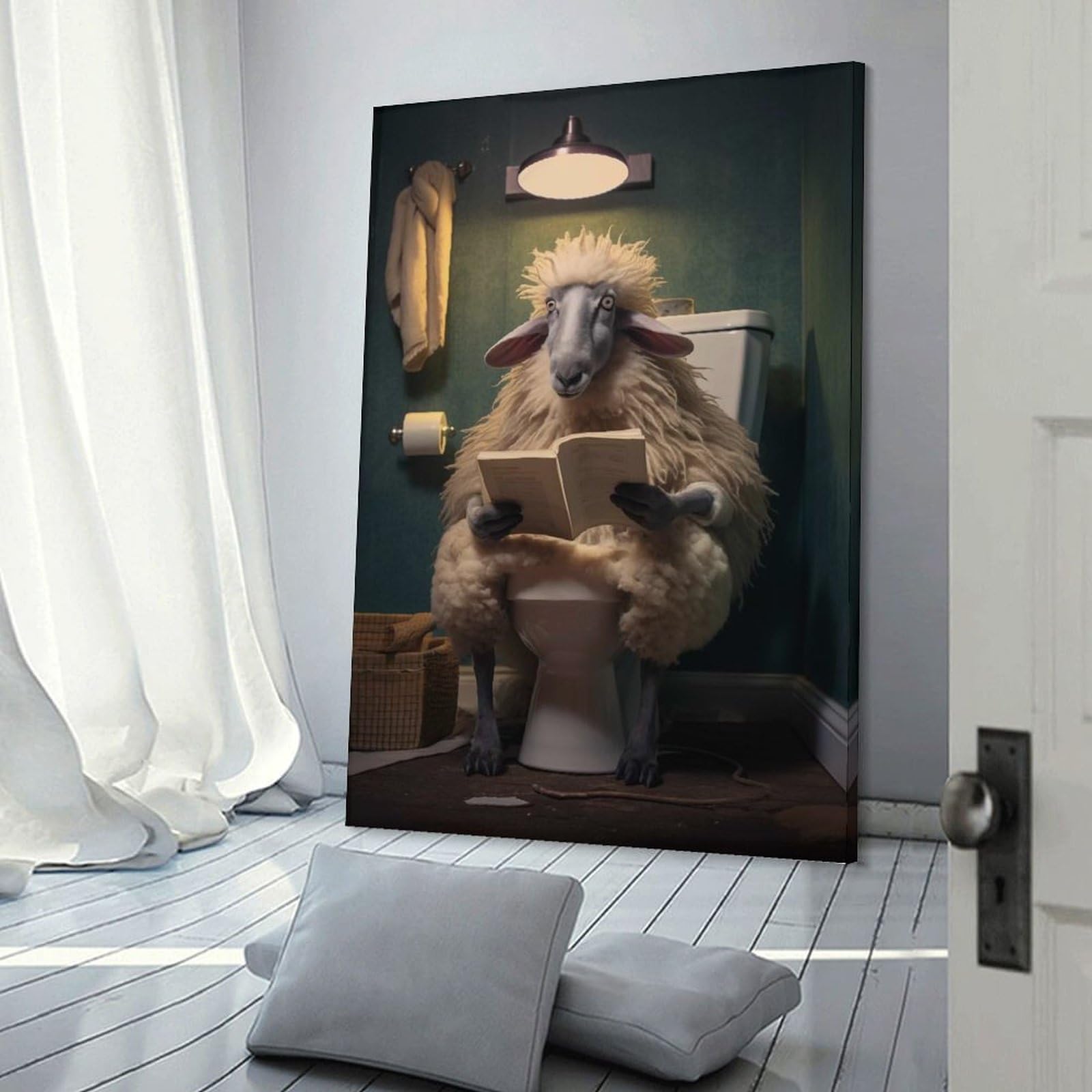 Junmoney Fat Sheep Toilet Newspaper Wall Picture Print, 24x36inch(60x90cm), for Feature Walls in Flats Or Modern Rooms, Decorative Artwork with Flexible Styling