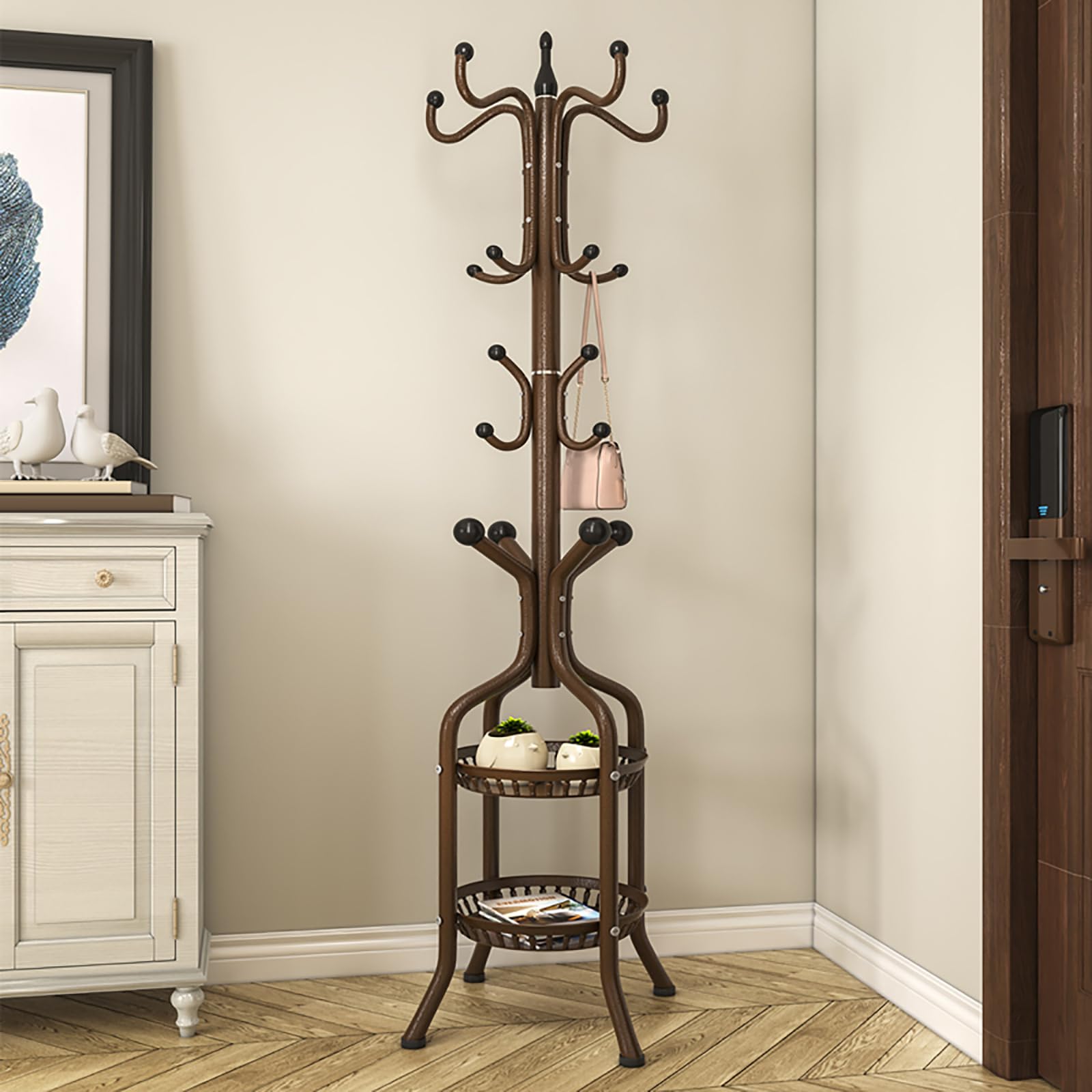 FGXHHS Freestanding Coat Rack with 2-Tier Shelves, Space-Saving Garment Organizer for Entryway and Bedroom