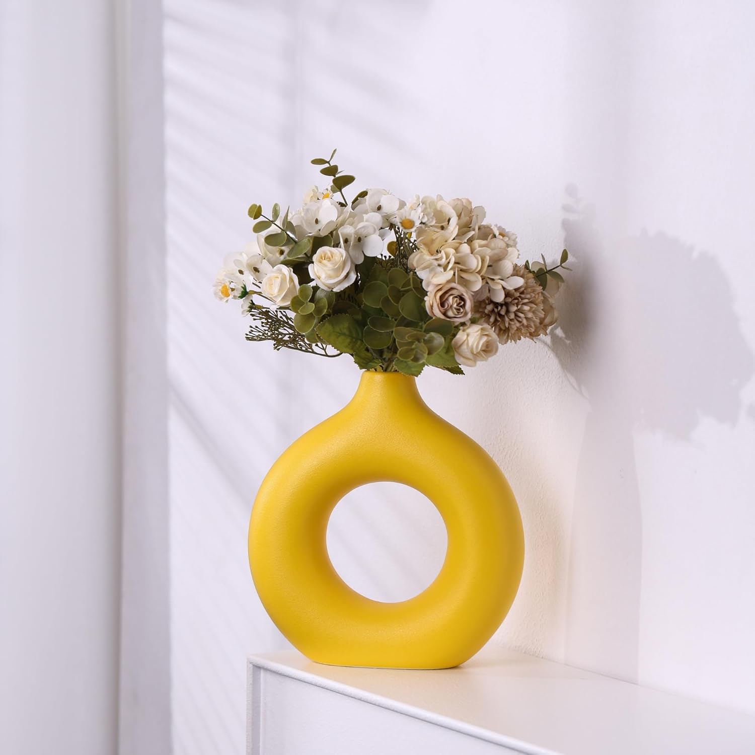 Modern Donut-Shaped Decorative Vases, Handmade Minimalist Boho ins Style, Modern Vase for Home Decor for Wedding Dinner Table Party Living Room Office Bedroom (Yellow, Small) Yellow Small