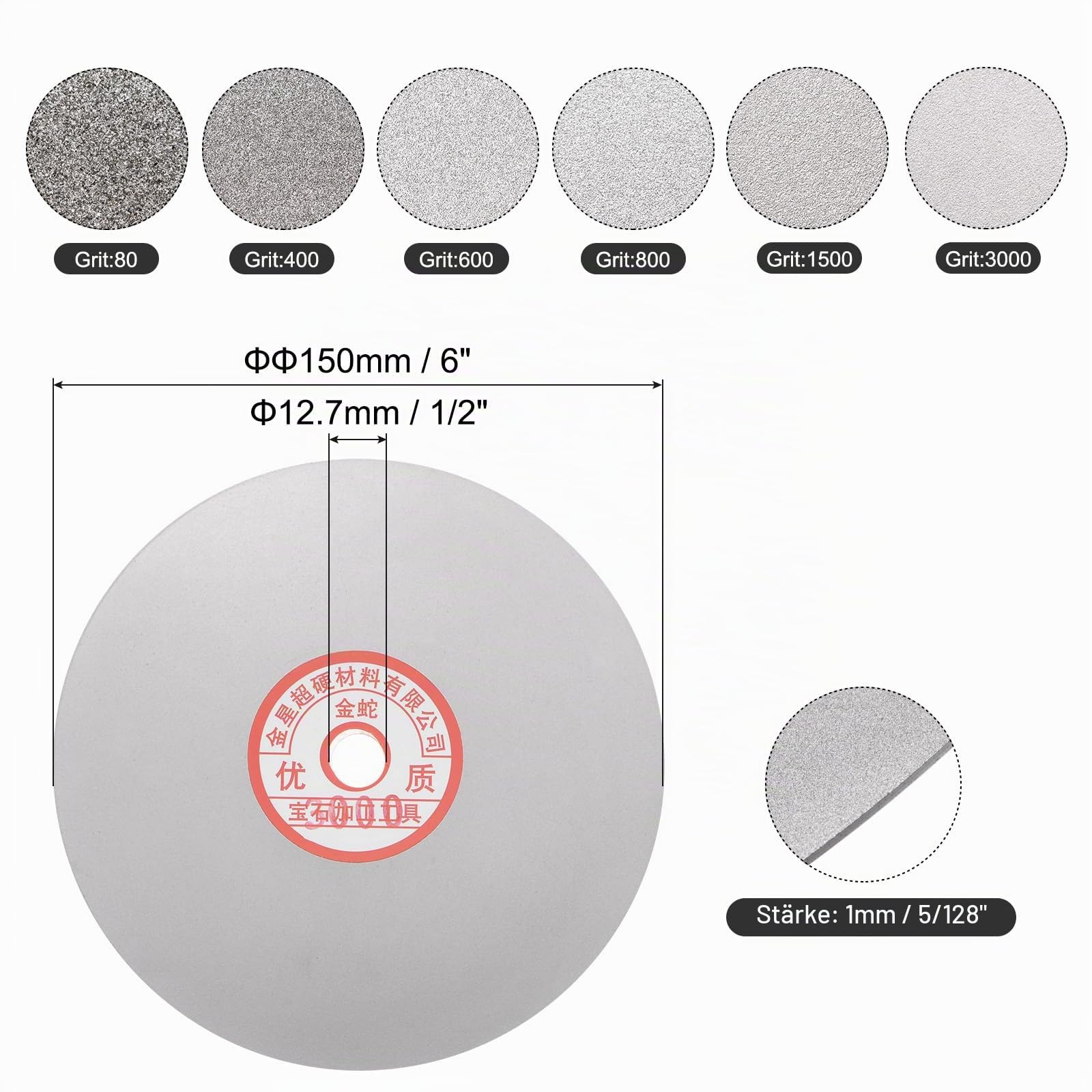 uxcell Diamant-Schleifscheiben-Set, 150 mm, Körnung 80/400/600/800/1500/3000, 1,27 cm Dorn Loch, flache Rundscheibe, Polierscheiben für Edelstein, Fliesen, Glas, Stein, Metall, 6 Stück