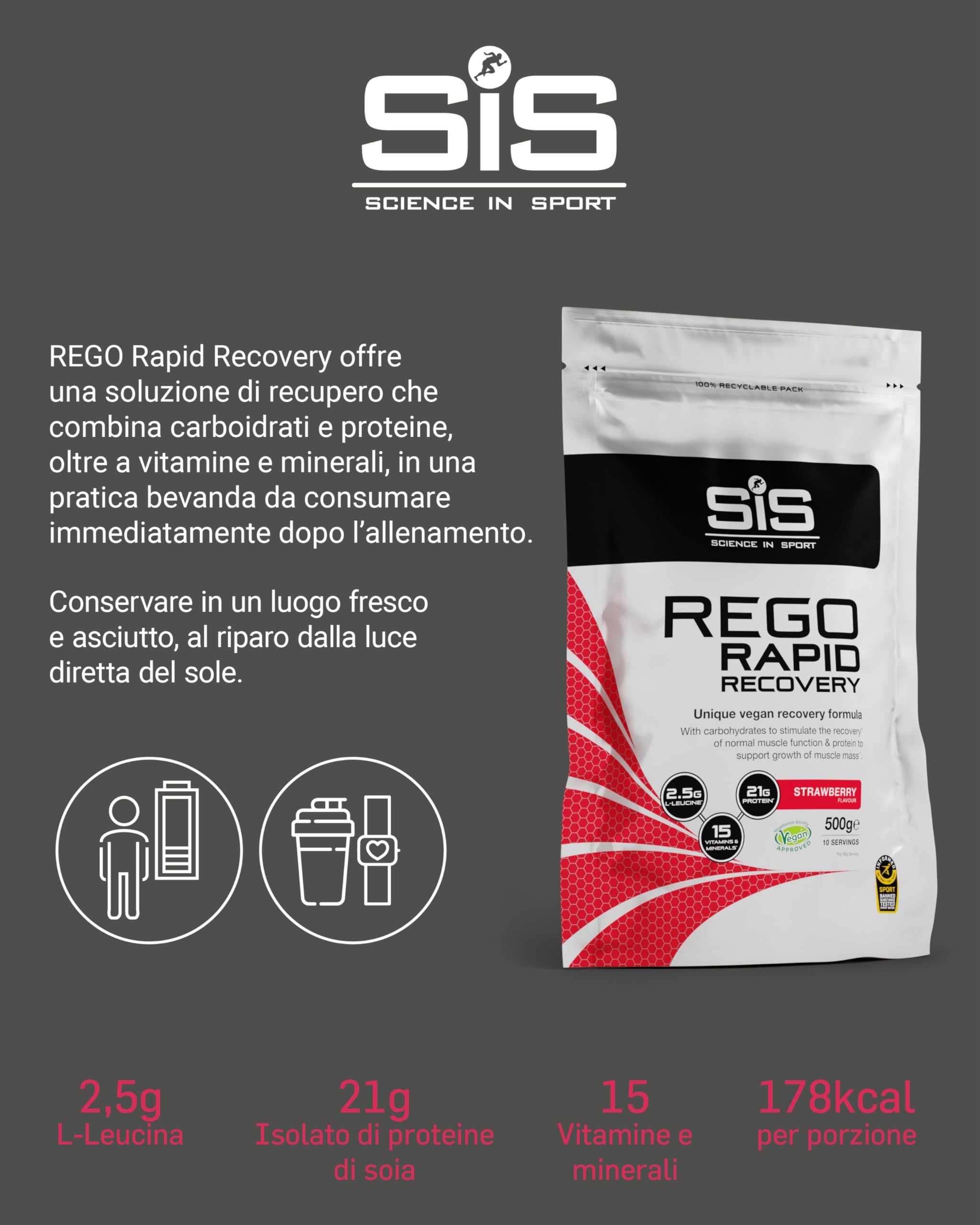 Science in Sport Rego Rapid Recovery 500g Fragola Vegan - Drink di recupero in polvere con carboidrati, proteine in polvere, elettroliti, vitamine e minerali, Favorisce un allenamento efficace