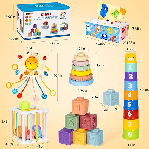 Miniatura 5 de Juguetes Montessori 6 en 1 para bebés de 6 a 12 meses, bloque apilable, suave, forma de anillo para bebé, aprendizaje sensorial, cubo de tirar de