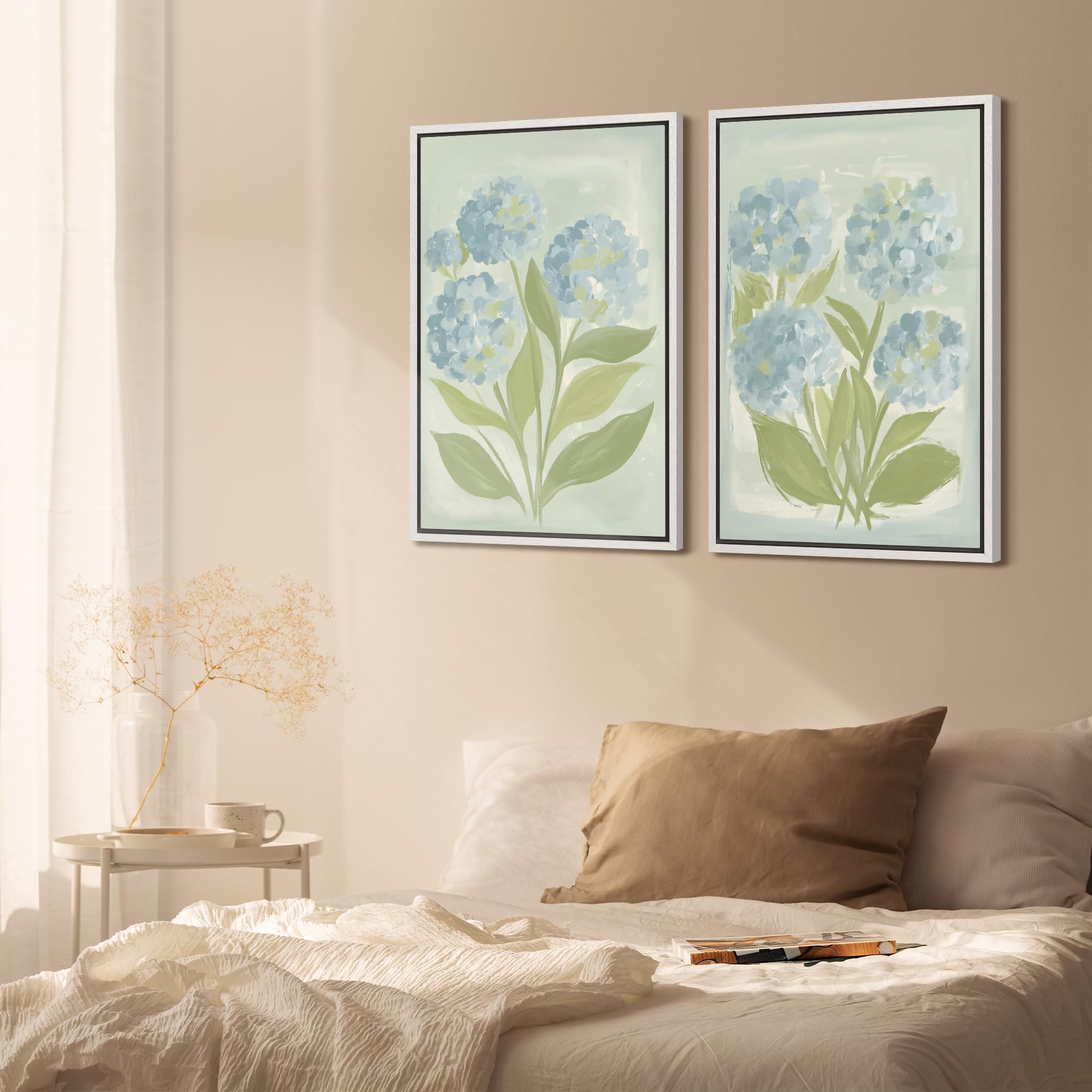 SIGNFORD Framed Canvas Print Wall Art Set Soft Hydrangea Pair Light Blue Florals with Green Leaves Illustration Modern Art Decorative Nordic Nature for Living Room, Bedroom, Office - 24"x36"x2 White — view 3