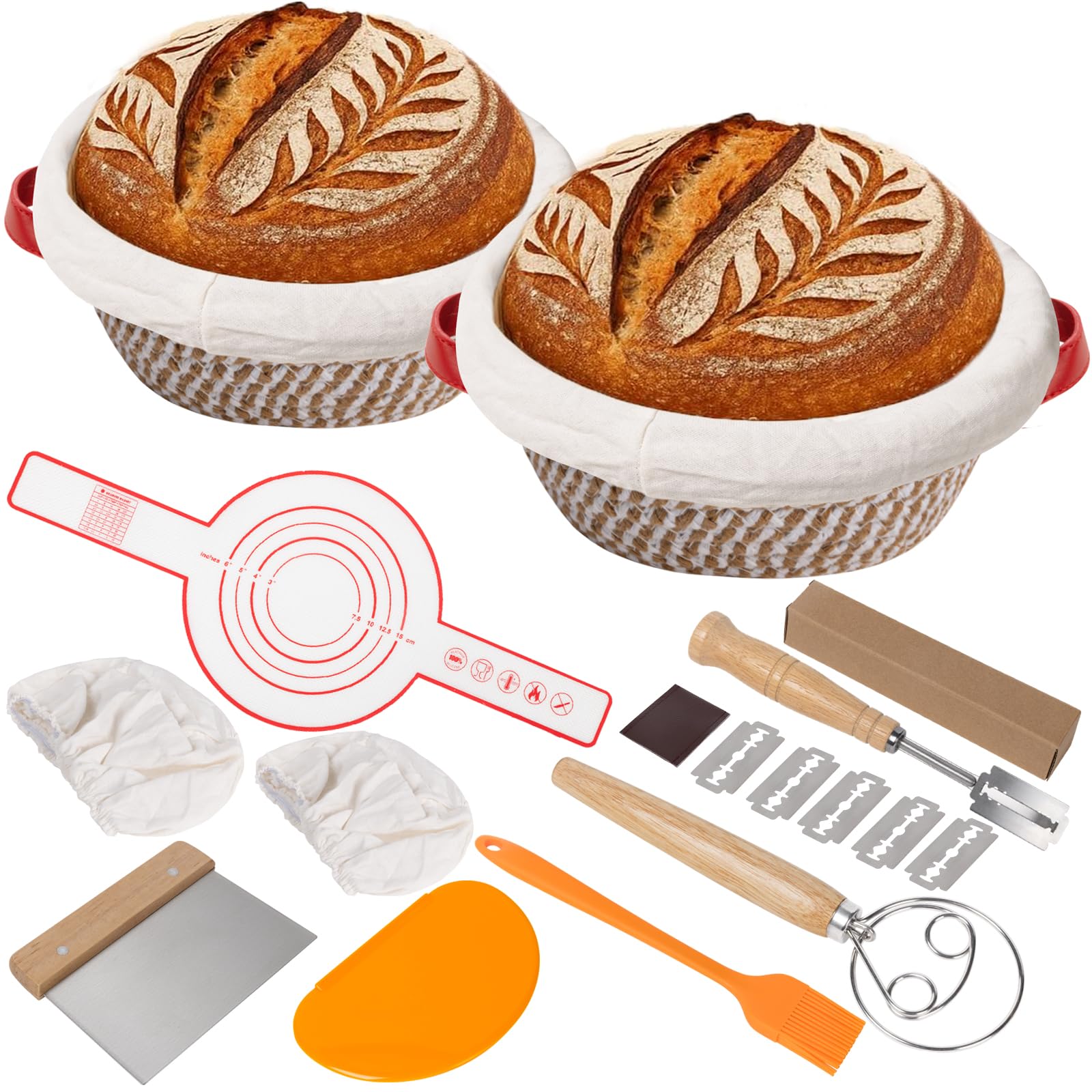 2 Banneton pour Pain,Panier de Fermentation en Coton Tissé avec Doublure en Lin,Grattoir,Brosse en Silicone,Tapis de Cuisson,Coupe-pâte,Fouet à Pâte