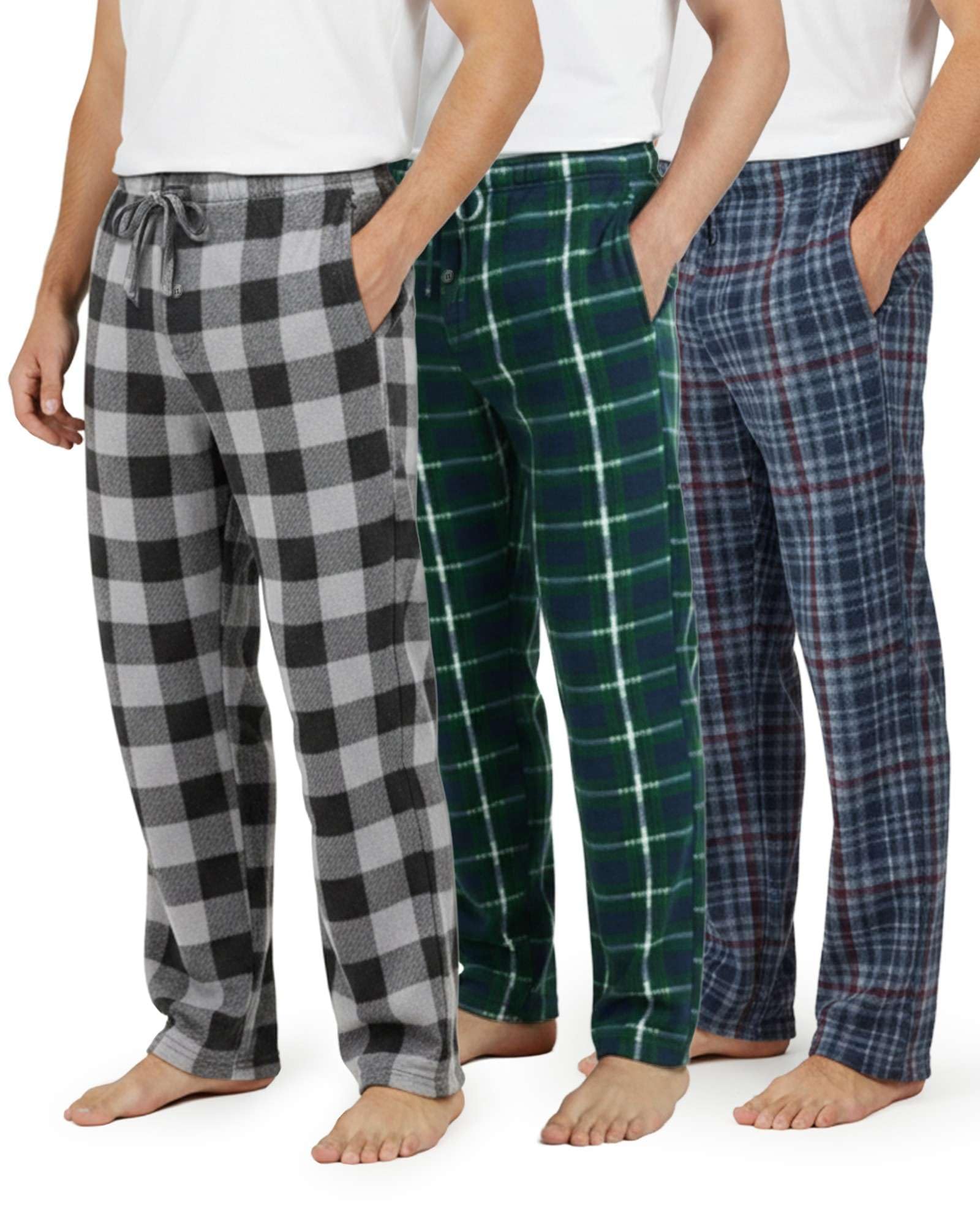 Real Essentials 3 Pack: Men's Fleece Pajama Pants Loungewear Soft PJ Bottoms Sleepwear with Pockets (Big & Tall Available)