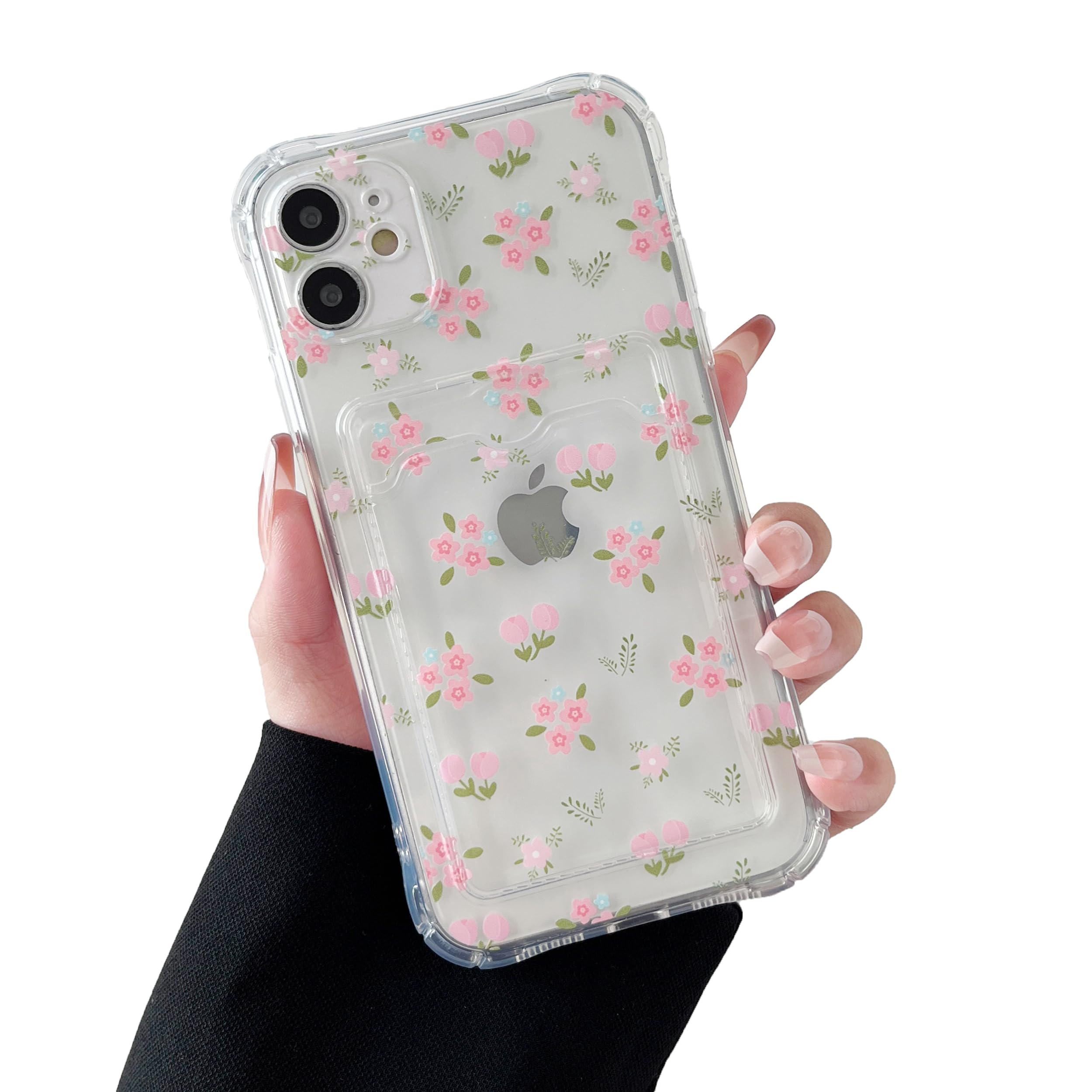 DEFBSC Case for iPhone 12, Transparent Back Card Holder Case, Floral Flower Pattern Print Design for Women Girl Soft Clear TPU Shockproof Protective Phone Case - Small Flower